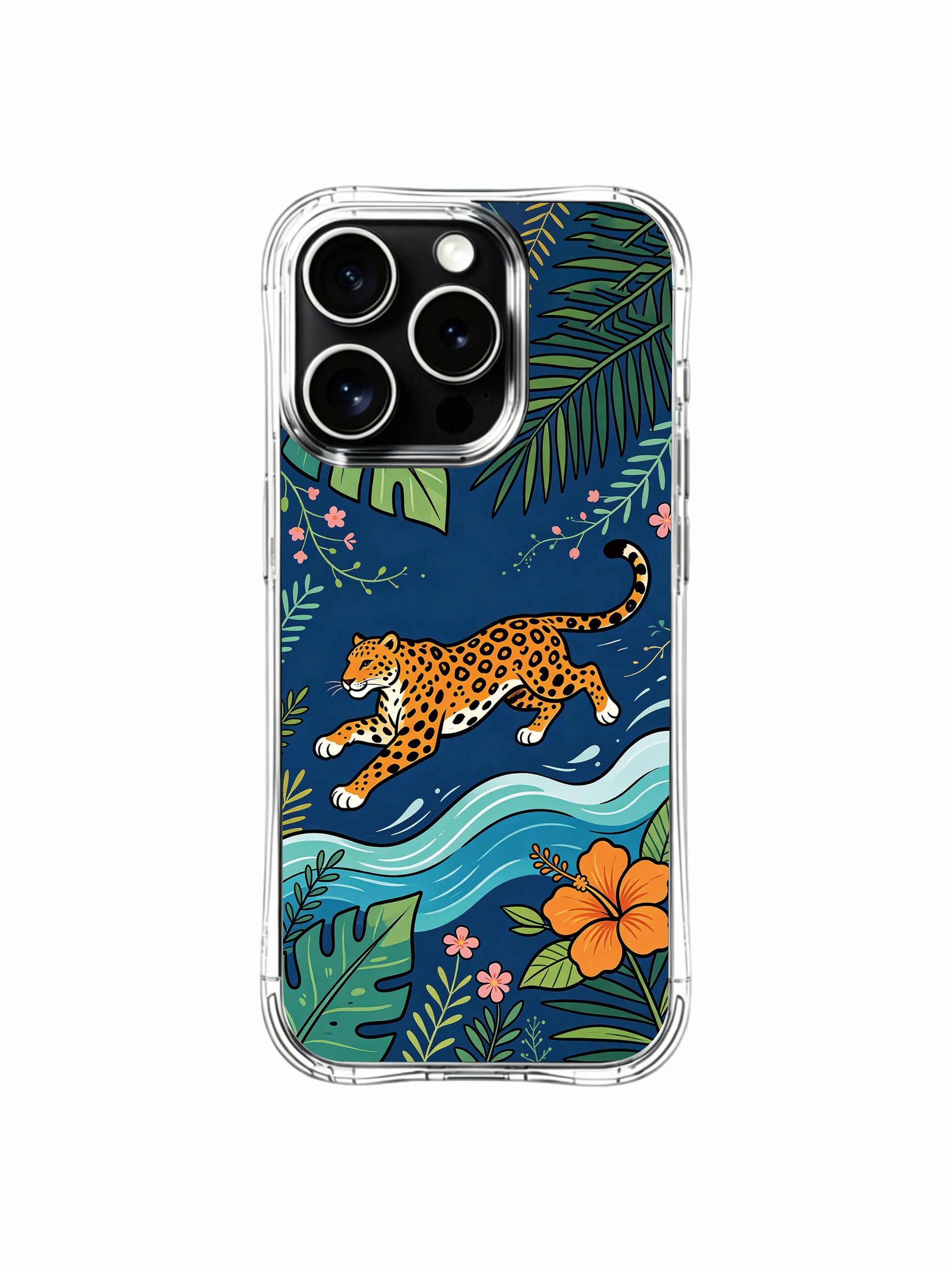 Full forward-leap jaguar darting inside dense seaside floral wilderness iPhone 13 pro Case by PhoneCasing, mixed tropical hibiscus embellished art phone cover, boutique limited-edition wearable casing