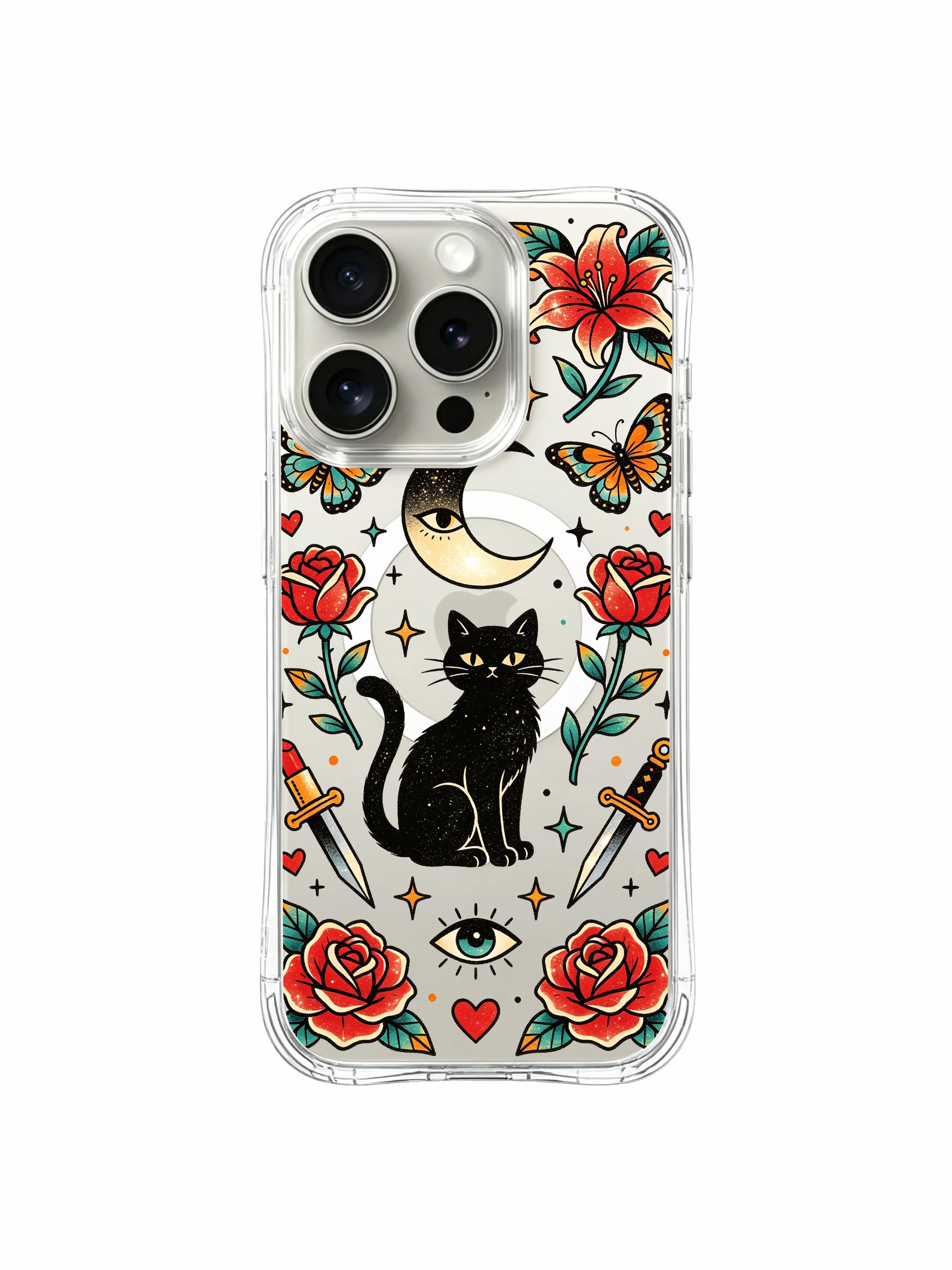 PhoneCasing iPhone 15 pro Case fully detailed vintage floral border, single left lipstick dagger, paired bottom roses and anthropomorphic eye moon, premium wearable art clear iPhone 15 pro casing.