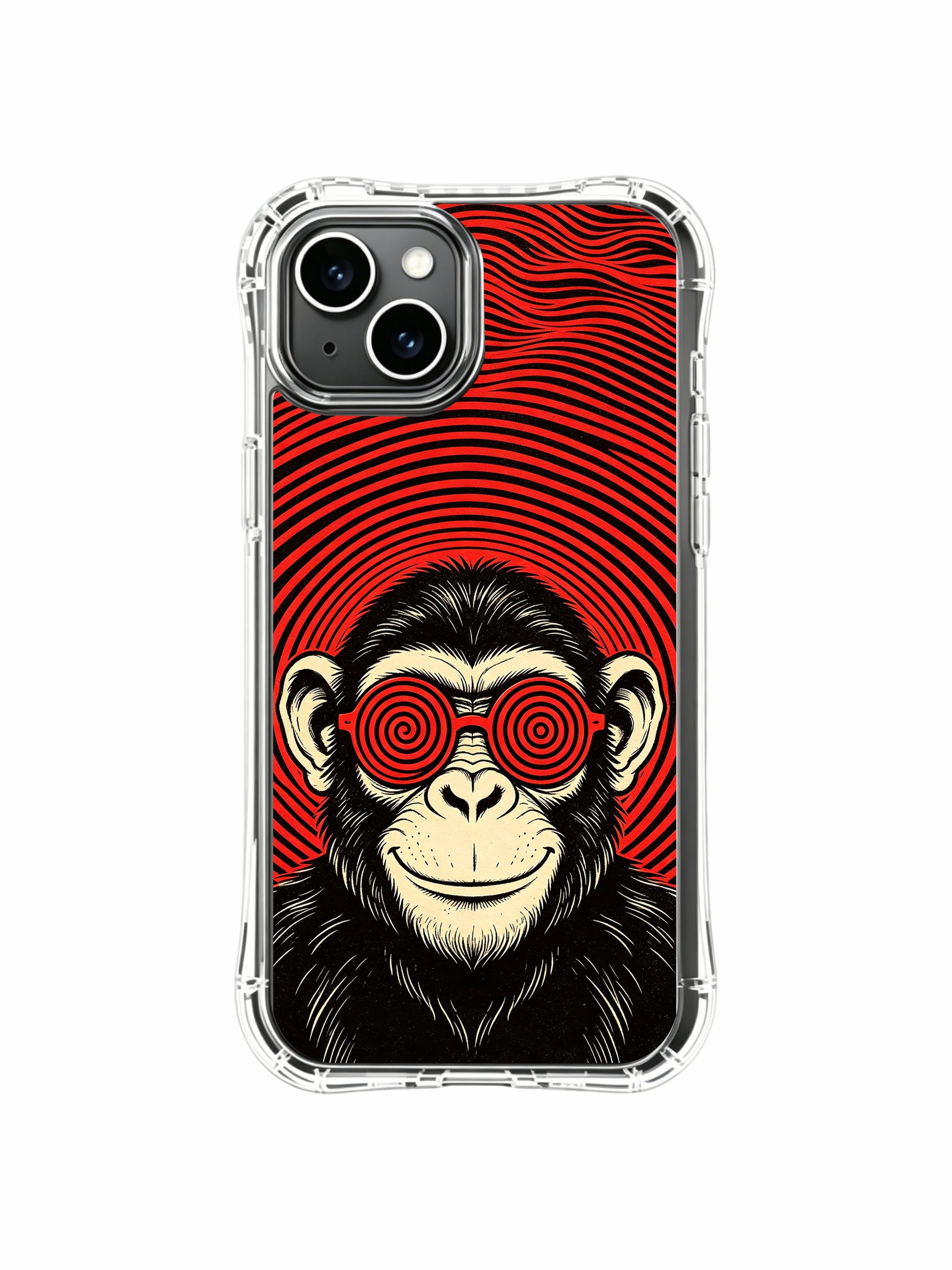 Full distorted red warp spiral wave backdrop highlighting mischievous smirk prank chimp on PhoneCasing iPhone 13 Case, limited collab gallery protective casing made in California.