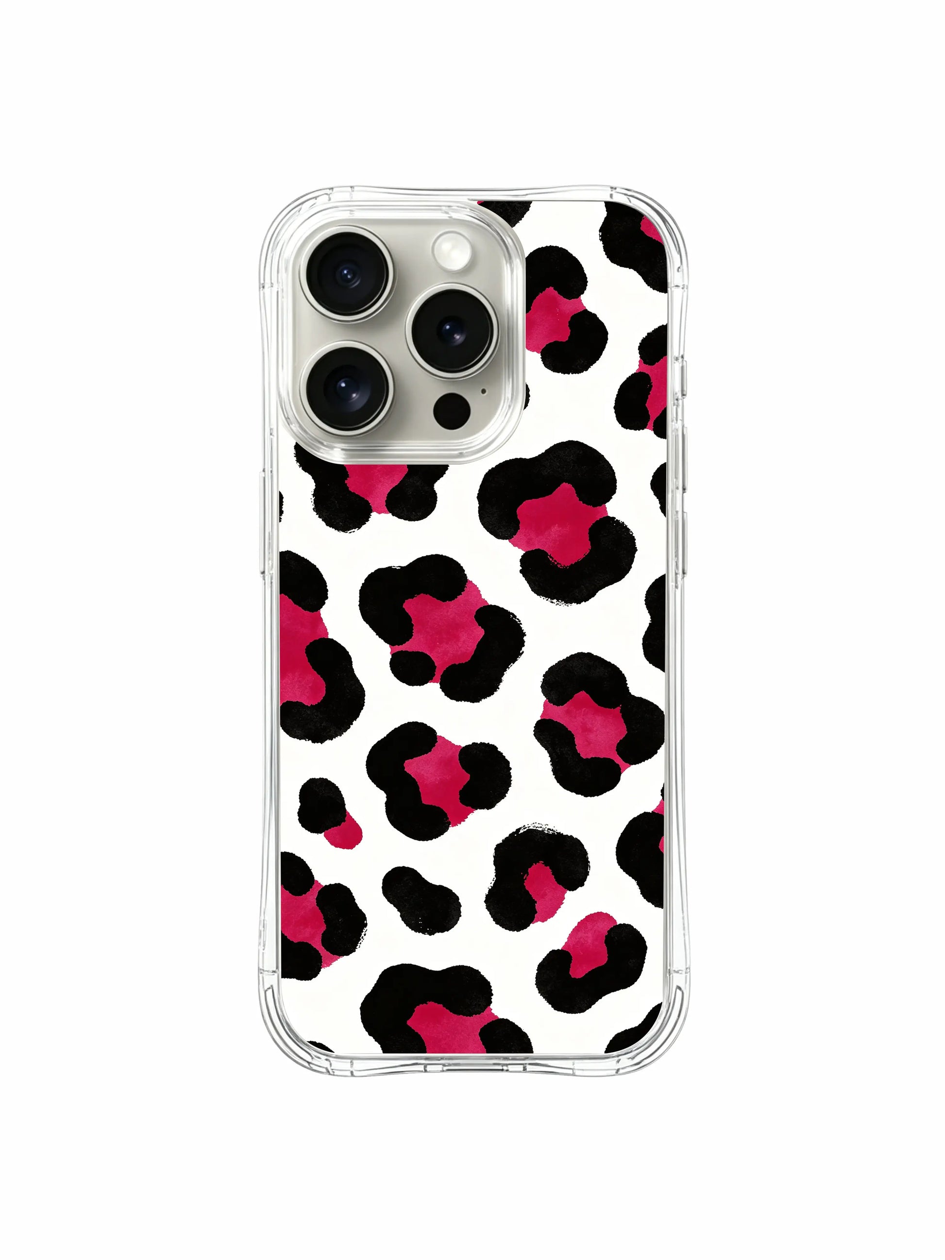 Full seamless repeat clean white berry wild leopard iPhone 14 Pro Case by PhoneCasing, continuous hand-brushed white background and juicy pink cheetah spot pattern across full back panel, archival ink preserves bright pink & crisp white tones long-term