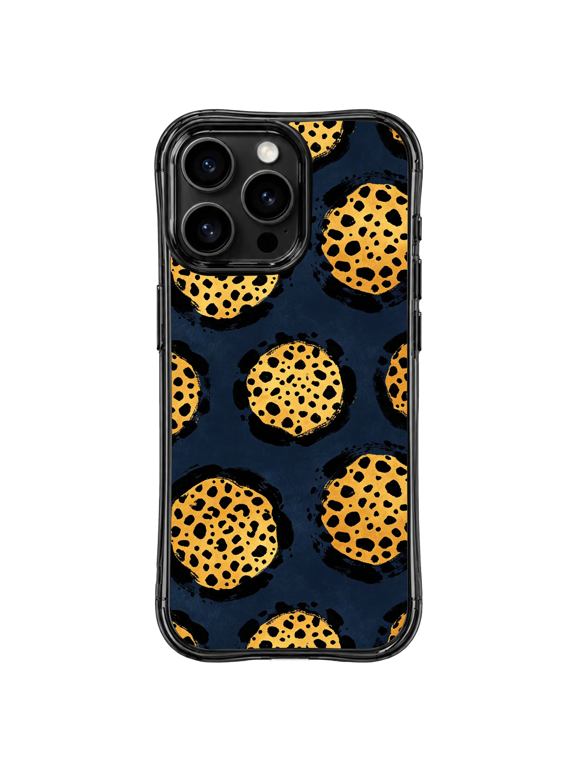 Full seamless repeat midnight navy gold leopard iPhone 14 Pro Case by PhoneCasing, continuous hand-brushed watercolor background and metallic gold cheetah spot pattern across full back panel, archival ink preserves deep navy & shimmer gold tones long-term
