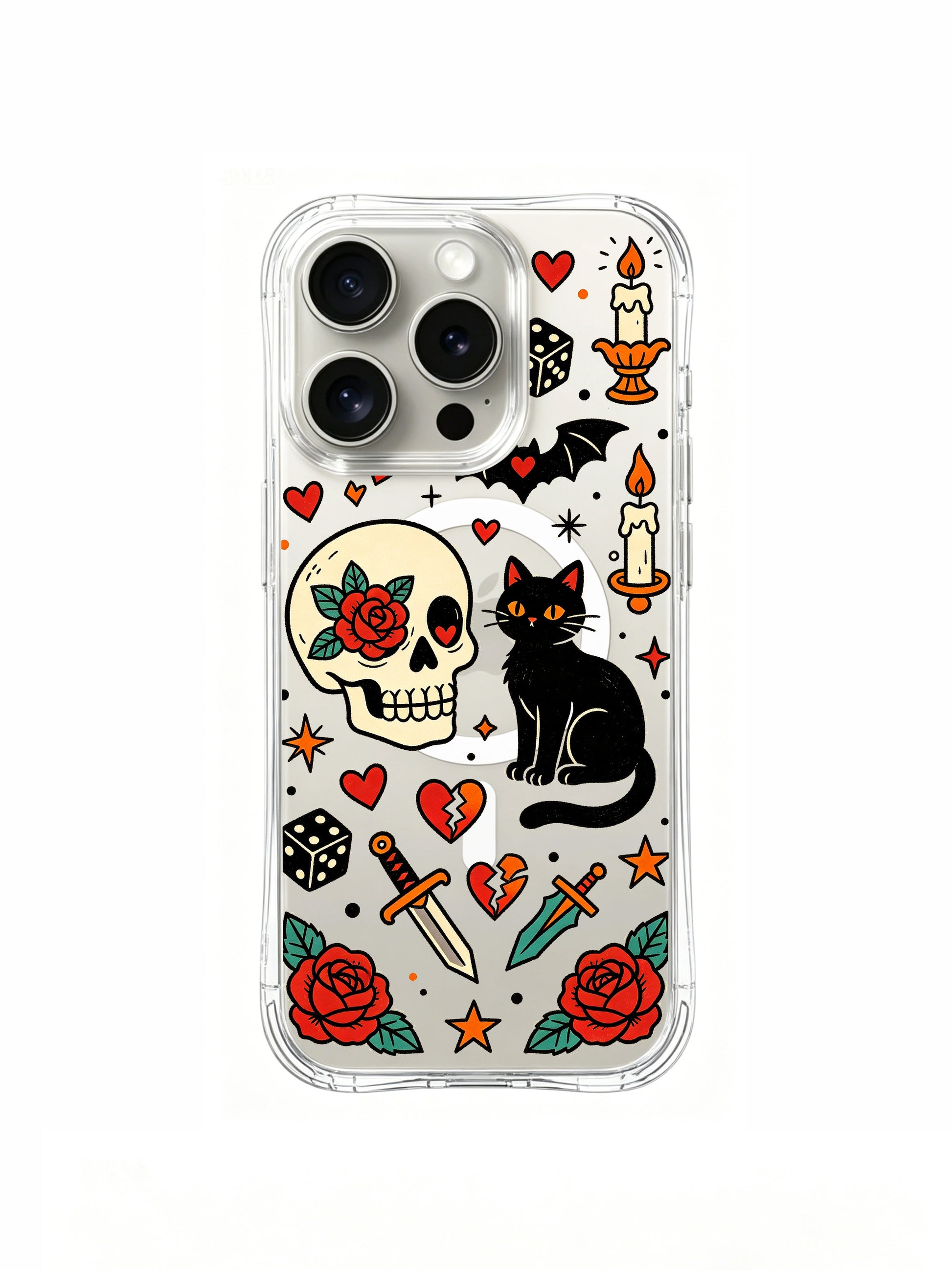 PhoneCasing iPhone 15 pro Case with Ruby Blackthorn old school cute skeleton & black cat tattoo art, full bone skeleton, red rose blooms, lit candle and vintage dagger decor, transparent anti-drop art iPhone 15 pro casing handmade in California factory.
