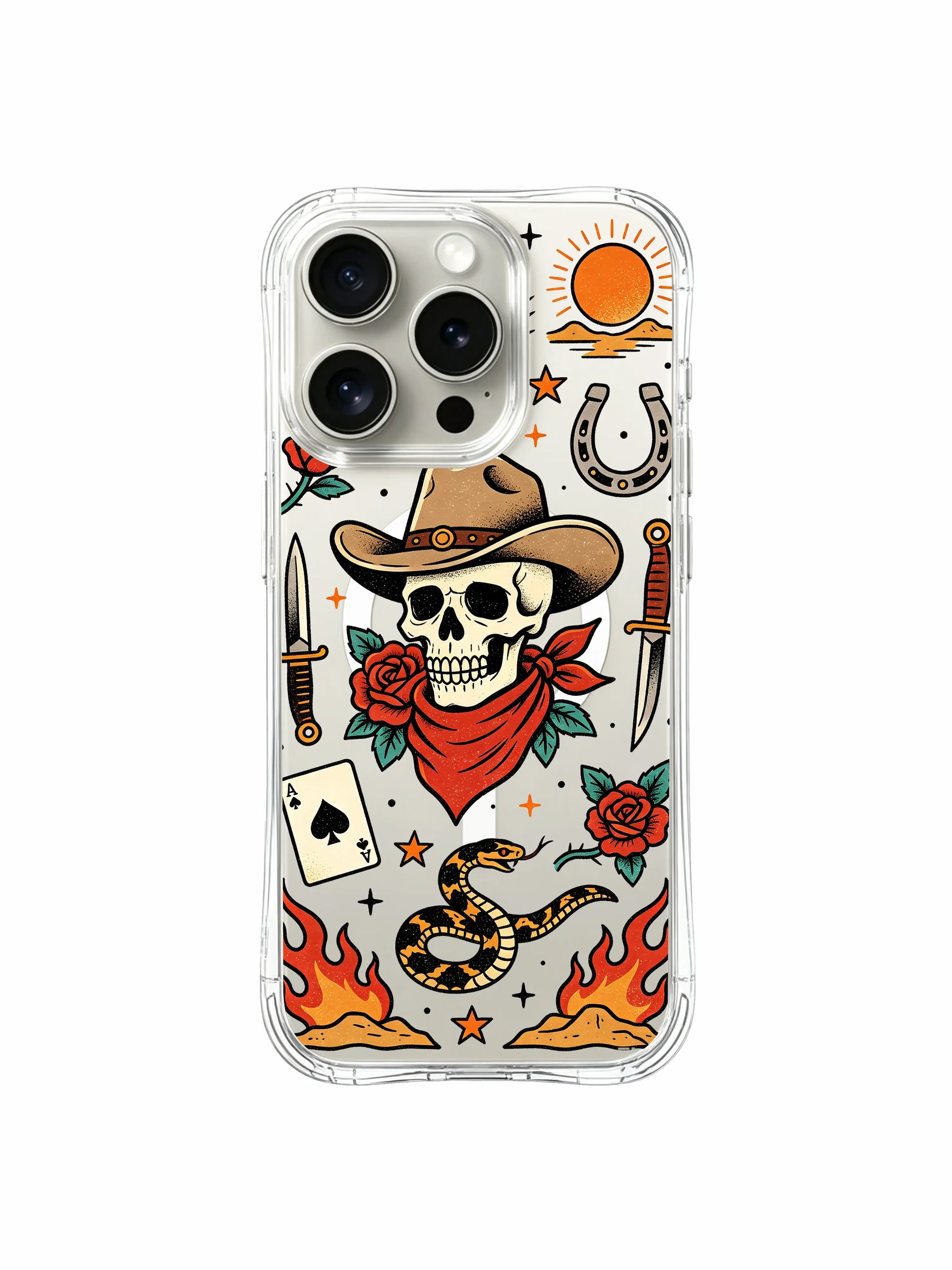 PhoneCasing iPhone 15 pro Case full multi-star scattered layout, single bloom rose, bottom desert flame and coiled rattlesnake, vintage tattoo style wearable art iPhone 15 pro casing.