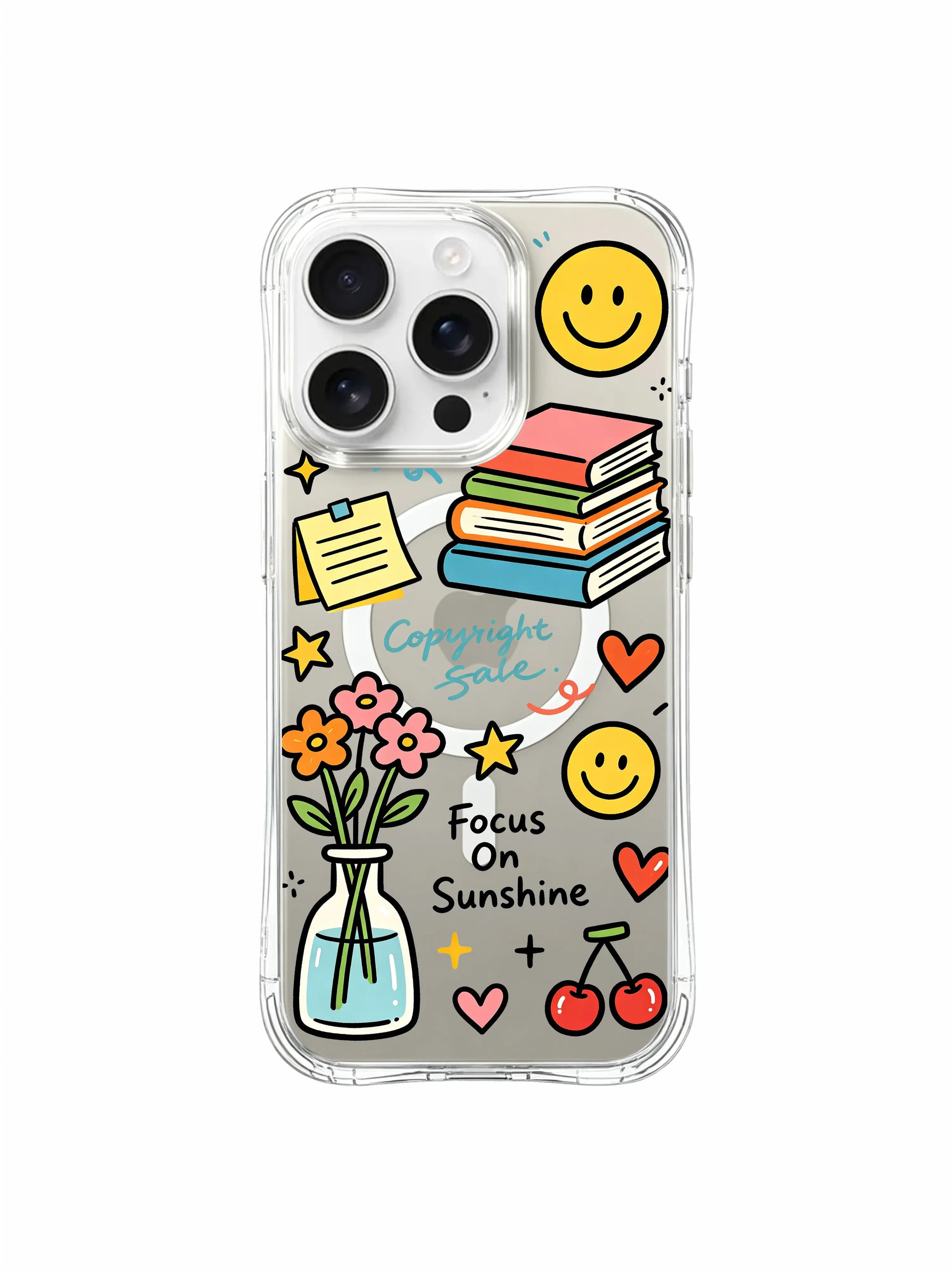 PhoneCasing iPhone 16 pro max reinforced-corner case with complete Focus On Sunshine collage of books, flowers, notes and cherry icons.