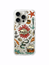 PhoneCasing iPhone 15 pro Case full surrounding red coral border layout, multi-wave accents and dual shell detail near central skull fish, premium wearable art clear iPhone 15 pro casing.