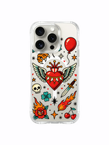 PhoneCasing iPhone 15 pro Case full surrounding floral border layout, multi-star accents and dual flame detail near winged heart, premium wearable art clear iPhone 15 pro casing.