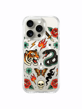 Tiger and serpent duel with smoke border, flames and rose artwork on an iPhone 15 Pro case