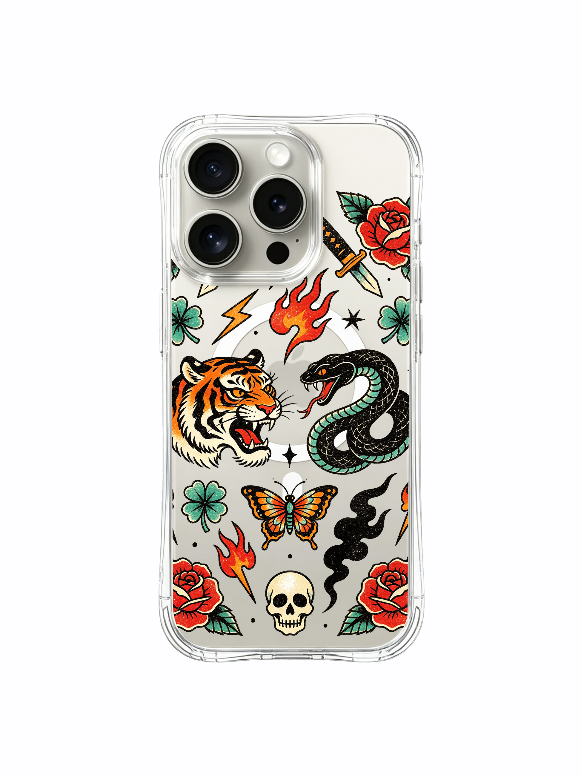 PhoneCasing iPhone 15 pro Case full surrounding smoke border layout, dual flame accents and rose detail near central opposing beasts, premium wearable art clear iPhone 15 pro casing.