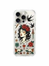 Woman with surrounding star border and swallows artwork on an iPhone 15 Pro case