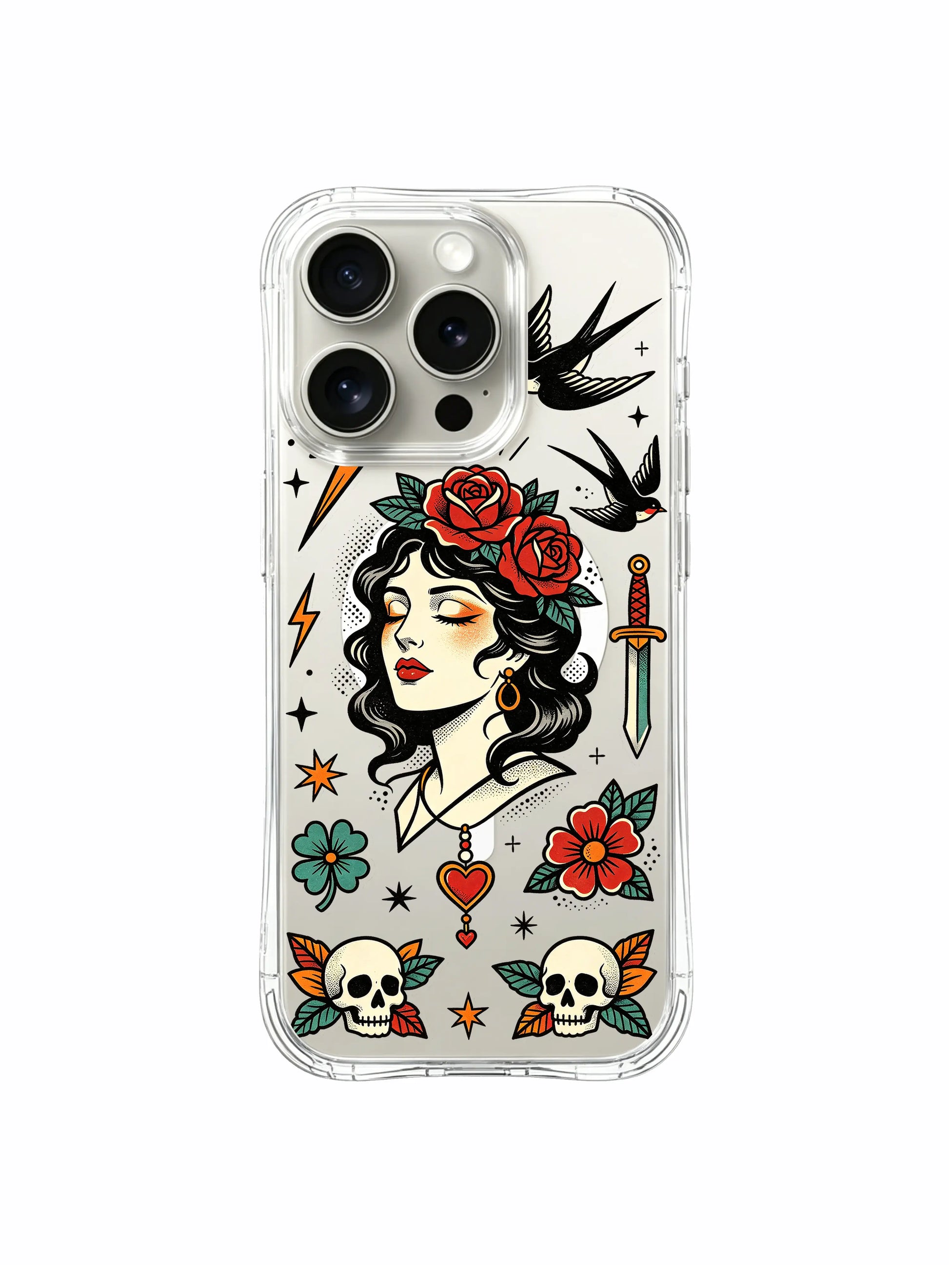 PhoneCasing iPhone 15 pro Case full surrounding star dot border layout, dual swallow accents and red rose detail near central calm storm maiden, premium wearable art clear iPhone 15 pro casing.