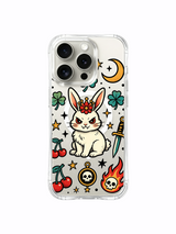PhoneCasing iPhone 15 pro Case full surrounding star border layout, dual flame accents and cherry detail near central stubborn rabbit, premium wearable art clear iPhone 15 pro casing.