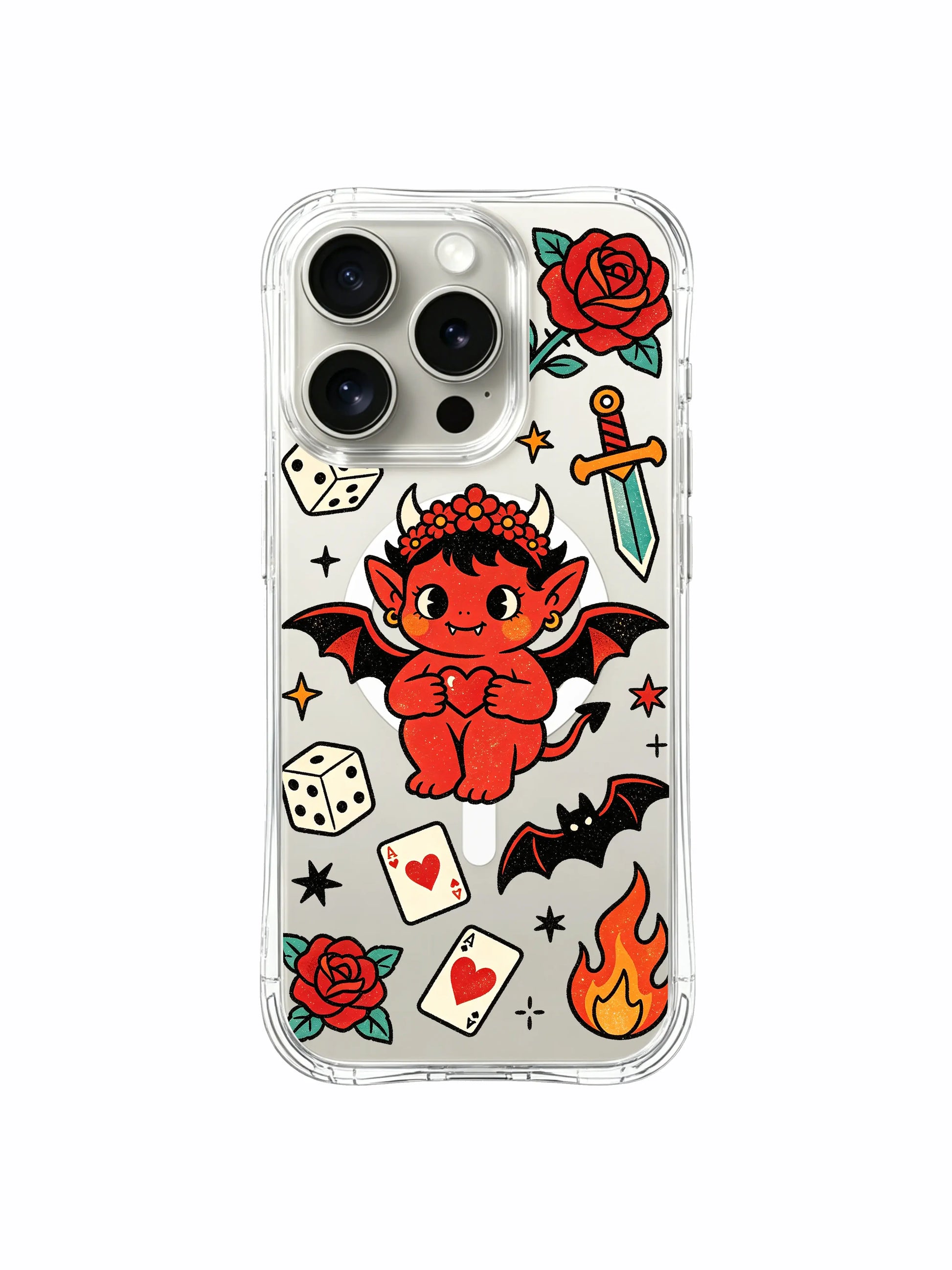 PhoneCasing iPhone 15 pro Case fully surrounded by cards, dice, rose & flame symbols framing central devil, premium custom printed art iPhone 15 pro casing.