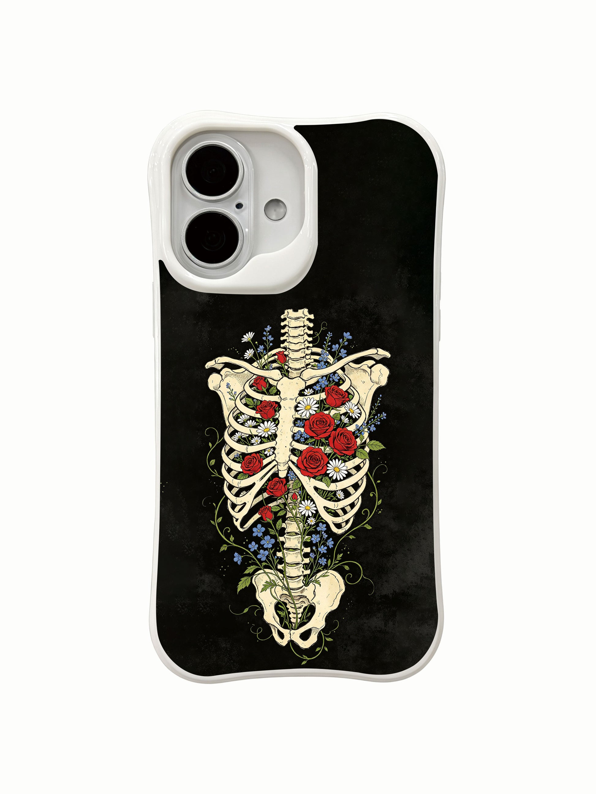 PhoneCasing full torso profile Black Greenhouse rib floral iPhone 16 Case, textured black vintage wrap-around mixed vine bloom design, scratch resistant fade-free premium iPhone 16 casing