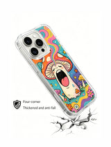 PhoneCasing iPhone 16 pro max Case, four-corner anti-drop bespoke casing built around full vertical enchanted midnight woodland, central oversized sleepy red-cap amanita exhaling multicolored spiral smoke amid resting mini fungi, luxury collectible illustrated art casing.