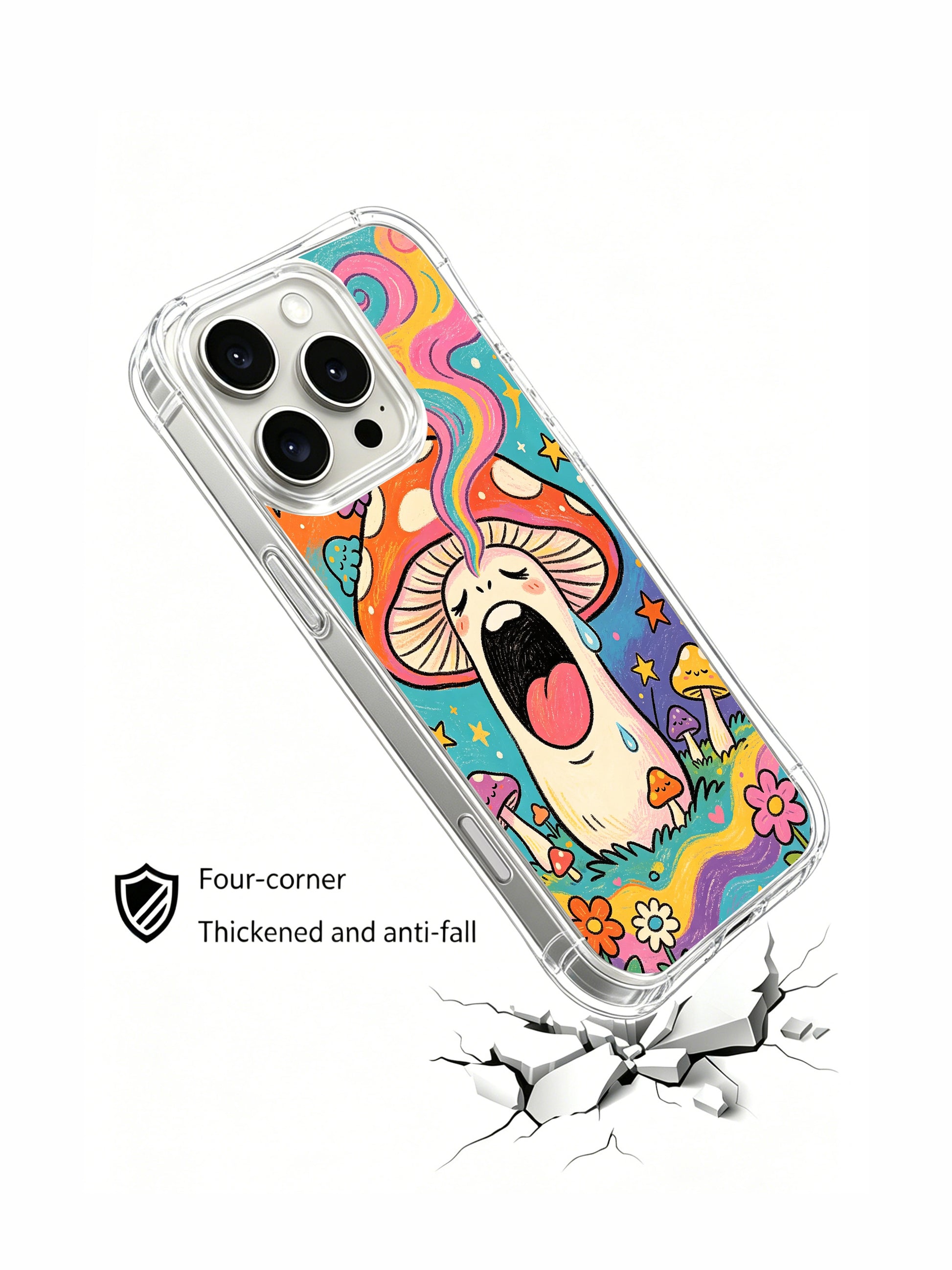 PhoneCasing iPhone 16 pro max Case, four-corner anti-drop bespoke casing built around full vertical enchanted midnight woodland, central oversized sleepy red-cap amanita exhaling multicolored spiral smoke amid resting mini fungi, luxury collectible illustrated art casing.