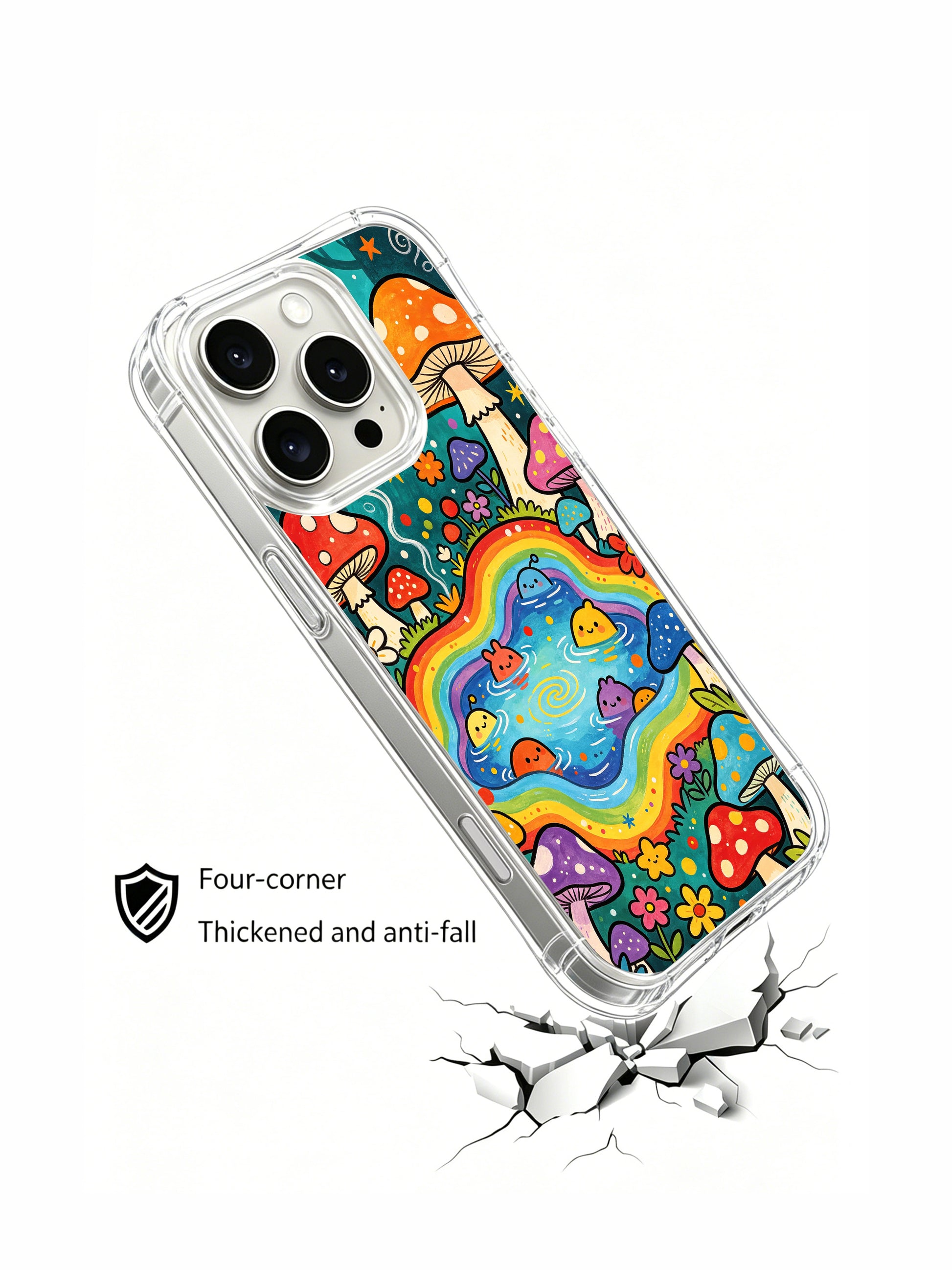 PhoneCasing iPhone 16 pro max Case, four-corner anti-drop bespoke casing focused on full vertical enchanted woodland packed with tiered spotted mushrooms and playful pond blob creatures, luxury collectible illustrated art casing