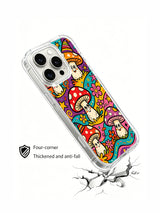 PhoneCasing iPhone 16 pro max Case, four-corner reinforced anti-bump bespoke casing featuring tiered stacked clown mushroom parade above wavy rainbow meadow foliage, assorted dotted caps and happy facial expressions, collectible hippie folk art phone casing.