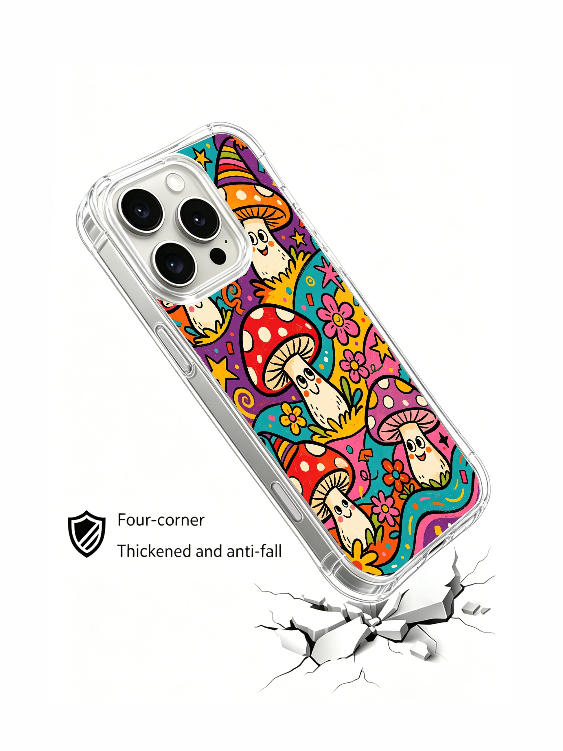 PhoneCasing iPhone 16 pro max Case, four-corner reinforced anti-bump bespoke casing featuring tiered stacked clown mushroom parade above wavy rainbow meadow foliage, assorted dotted caps and happy facial expressions, collectible hippie folk art phone casing.