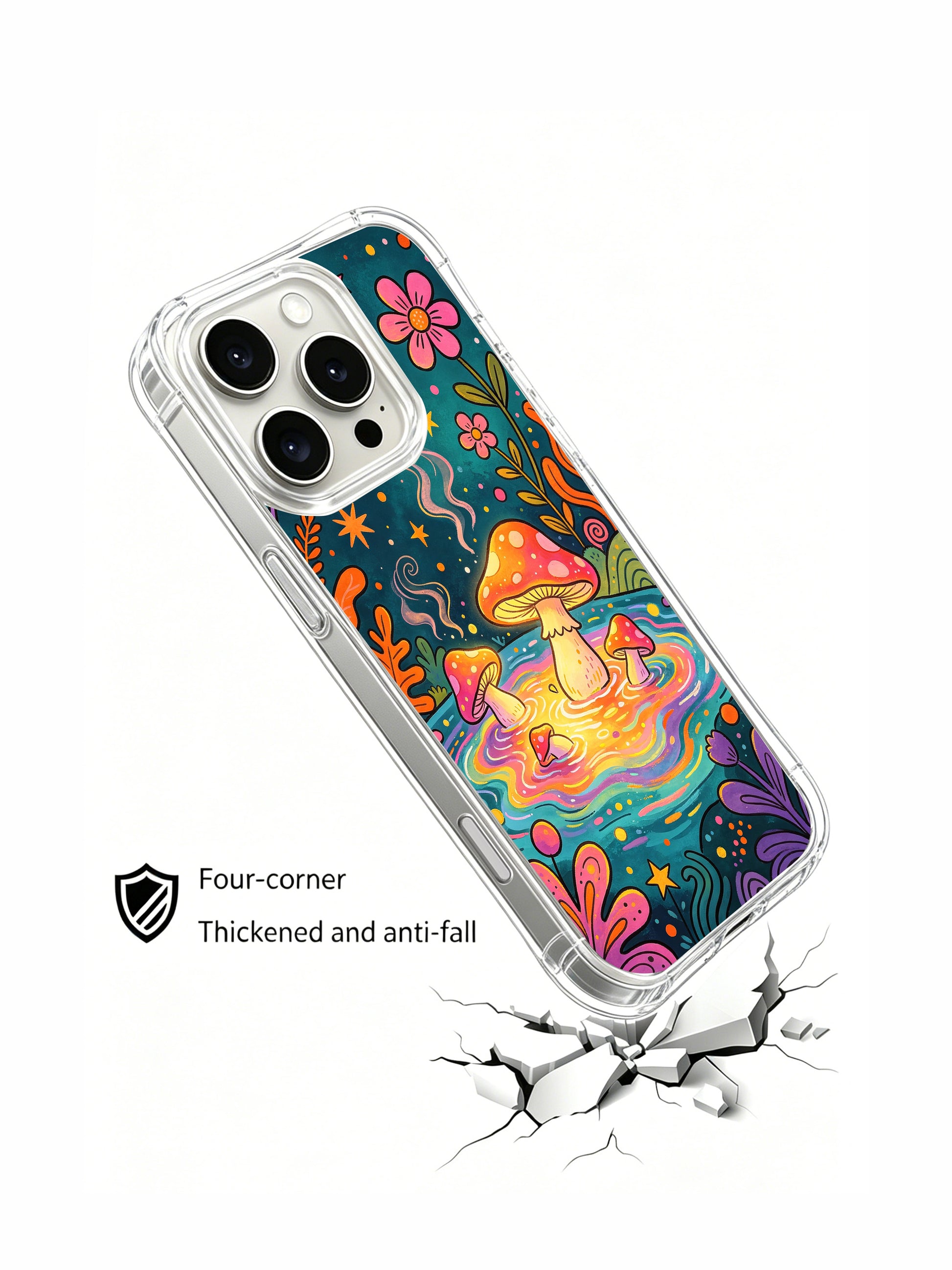 PhoneCasing iPhone 16 pro max Case, four-corner reinforced anti-bump bespoke casing packed with tiered glowing spotted mushrooms half-submerged in undulating iridescent hot spring, blooming wildflowers surround pool rim, collectible hippie folk art phone casing.