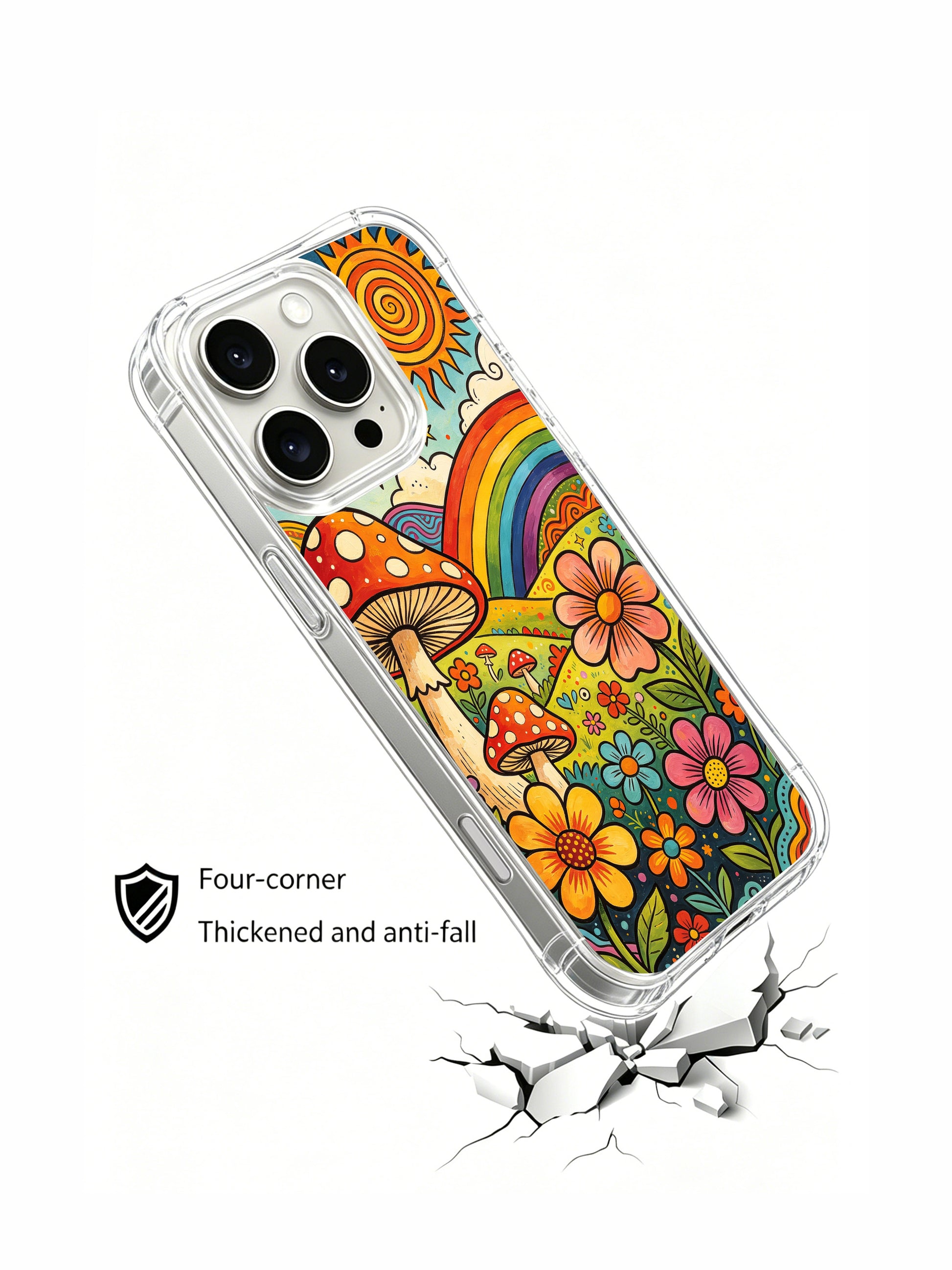 PhoneCasing iPhone 16 pro max Case, four-corner anti-drop bespoke casing built around full vertical enchanted layered valley landscape, stacked rolling hills under curved rainbow where flowers and amanita fuse into joyful unified plantlife, luxury collectible illustrated art casing