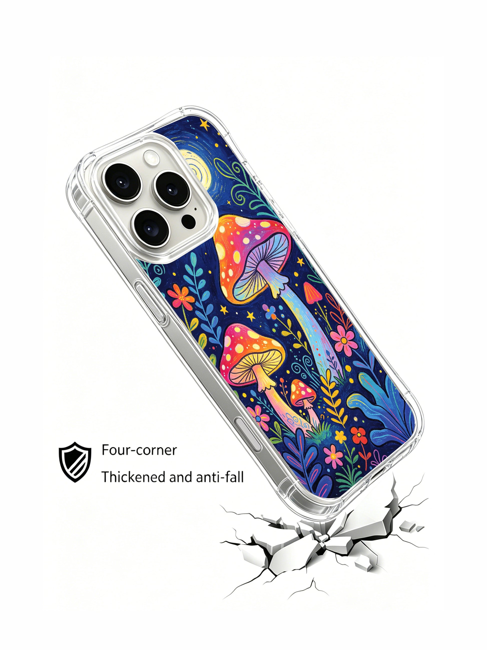 PhoneCasing iPhone 16 pro max Case, four-corner anti-drop bespoke casing focused on full vertical enchanted midnight woodland packed with multi-size glowing spotted mushrooms, luxury collectible illustrated art casing