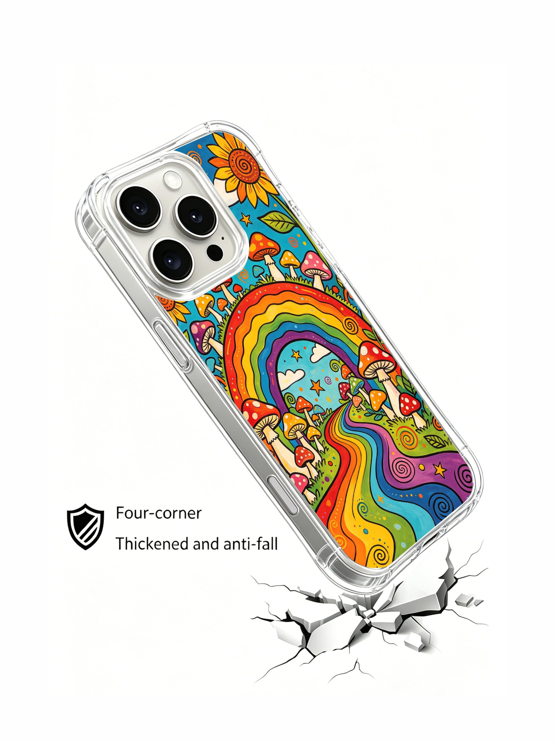 PhoneCasing iPhone 16 pro max Case, four-corner reinforced anti-bump bespoke casing built around full vertical psychedelic trail & rainbow gate, assorted size spotted mushrooms and blooming sunflowers line both meadow sides, collectible hippie folk art phone casing.