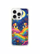 Rolling colored hills with star-topped mushrooms artwork on an iPhone 16 Pro Max case