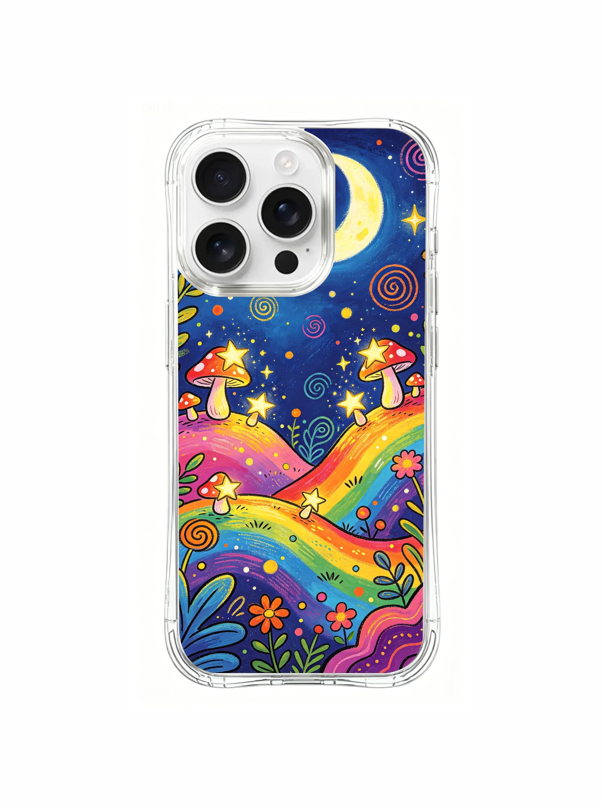 PhoneCasing iPhone 16 pro max Case, vertically structured bespoke casing with full-height rolling multicolor hills topped with star-harvest red spotted fungi, mixed blossom clusters filling empty slope gaps, lightweight anti-fade everyday wearable casing.