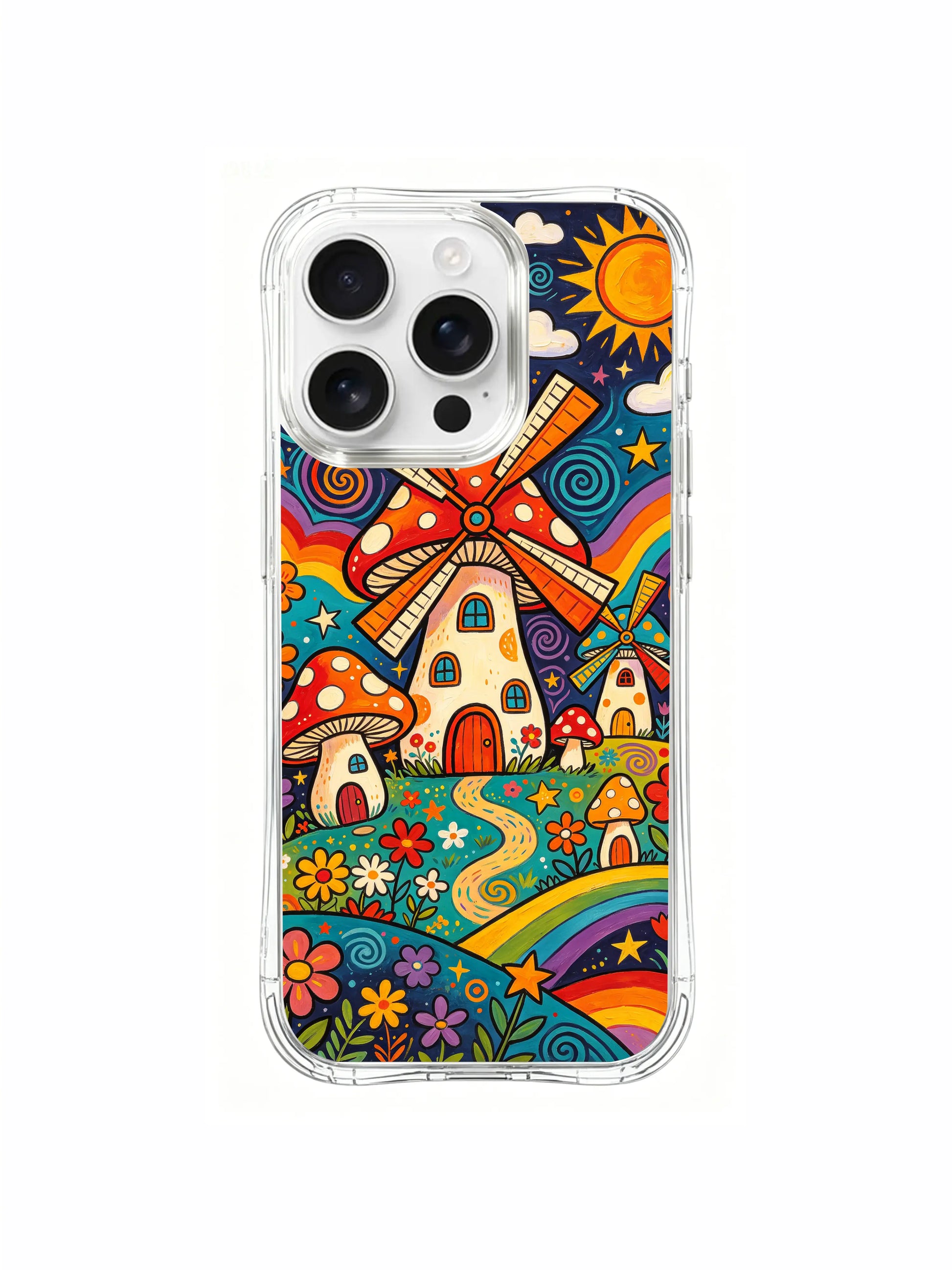 PhoneCasing iPhone 16 pro max Case, vertically structured bespoke casing with full-height rolling multicolor hills filled with windmill-topped spotted mushrooms, mixed blossom clusters filling empty slope gaps, lightweight anti-fade everyday wearable casing.