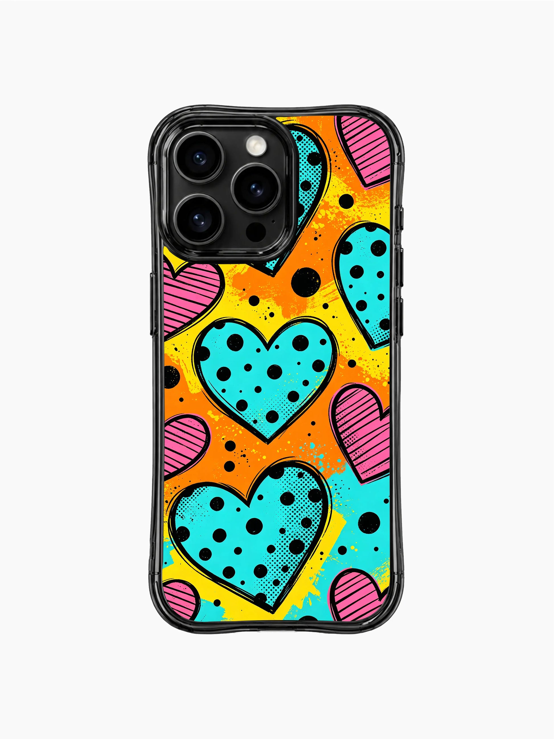PhoneCasing iPhone 13 Pro Max full wrap case with complete Blue Heart Confetti pop doodle pattern, fade-proof long-lasting artistic phone casing.