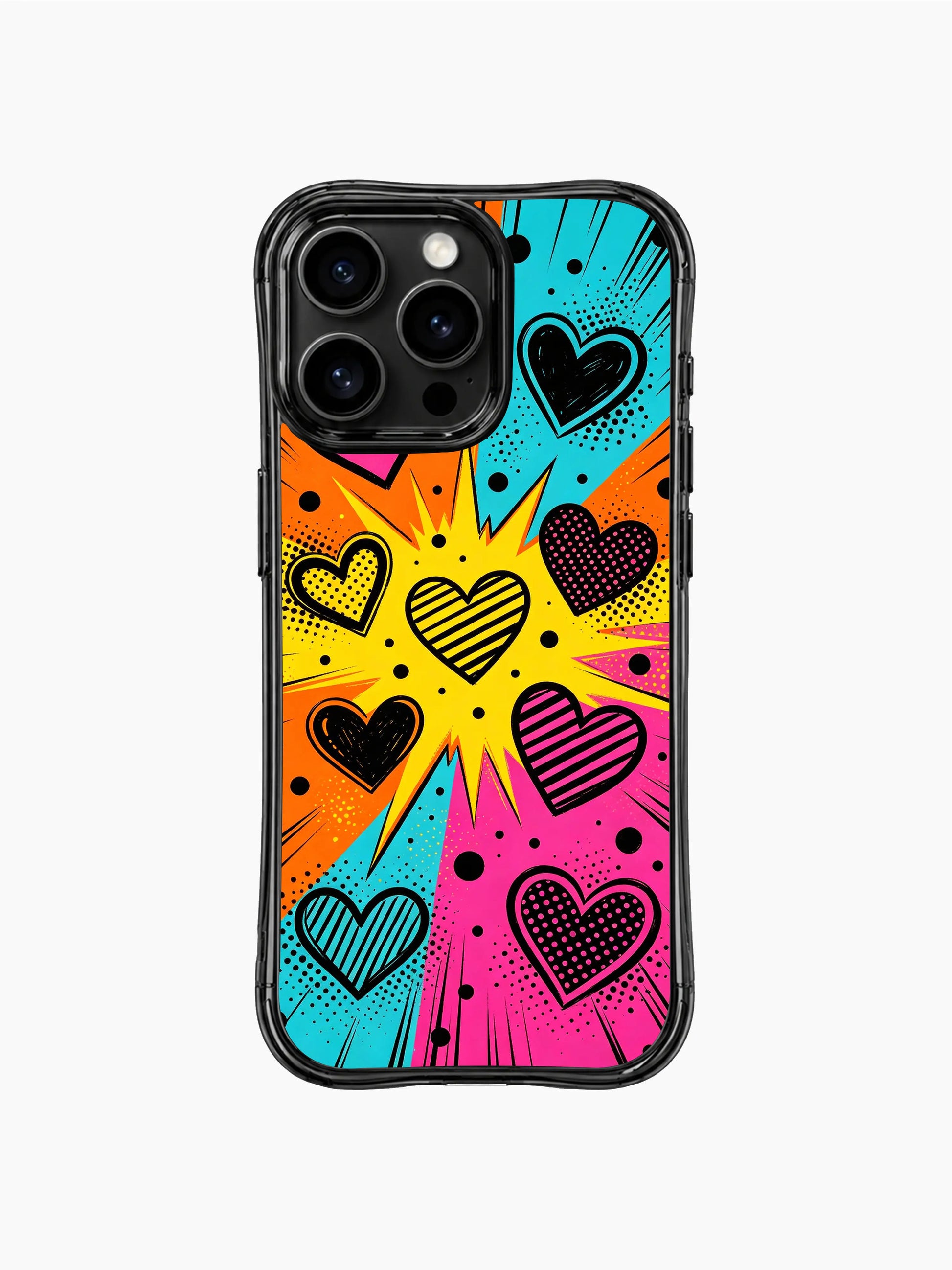 PhoneCasing iPhone 13 Pro Max full wrap case with complete Comic Love Explosion retro comic burst & dual texture heart pattern, fade-proof long-lasting artistic phone casing.s