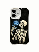 PhoneCasing floor crack anti-shock test Black Base Blue Rose iPhone 16 Case, drop-proof rugged four-edge construction, scratch-resistant long-wearing printed shell for daily heavy usage