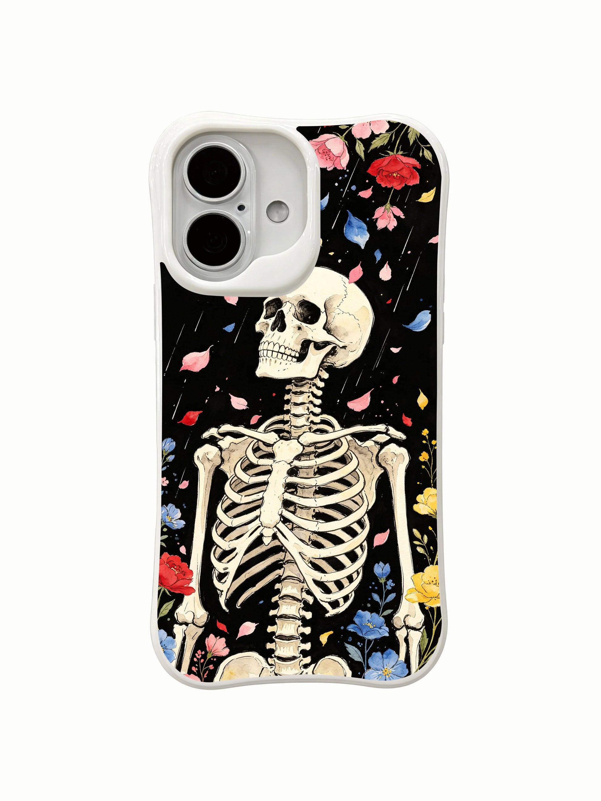 PhoneCasing full wrap edge-to-edge Night Petal Rain skeleton iPhone 16 Case, 360° all-over falling multicolor petal artwork, precise port cutouts, snug custom fit for iPhone 16 without loose gaps