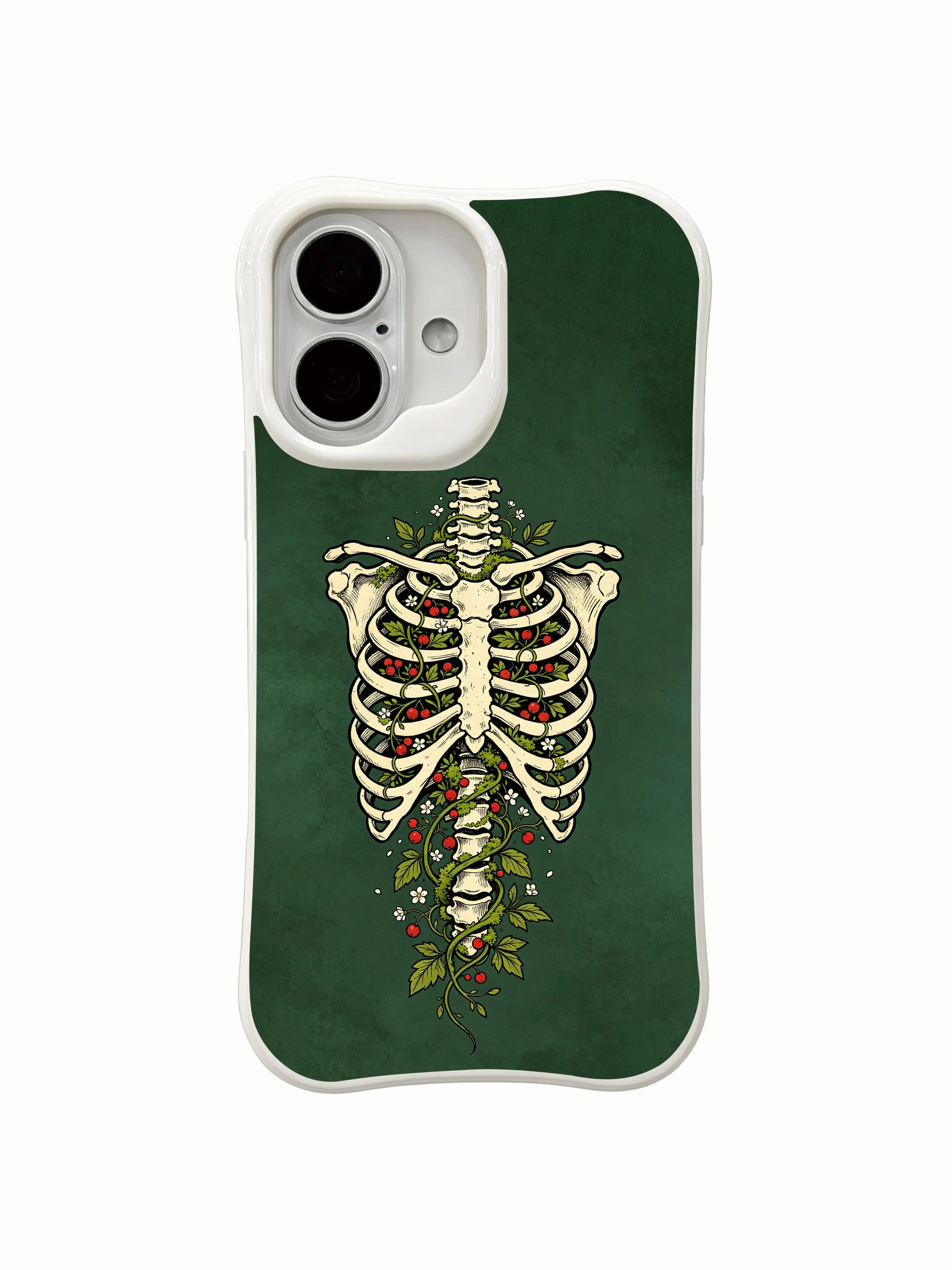 PhoneCasing full wrap edge-to-edge Forest Chest skeleton iPhone 16 Case, 360° all-over woodland vine & red berry goth artwork, precise port cutouts, snug custom fit for iPhone 16 without loose gaps