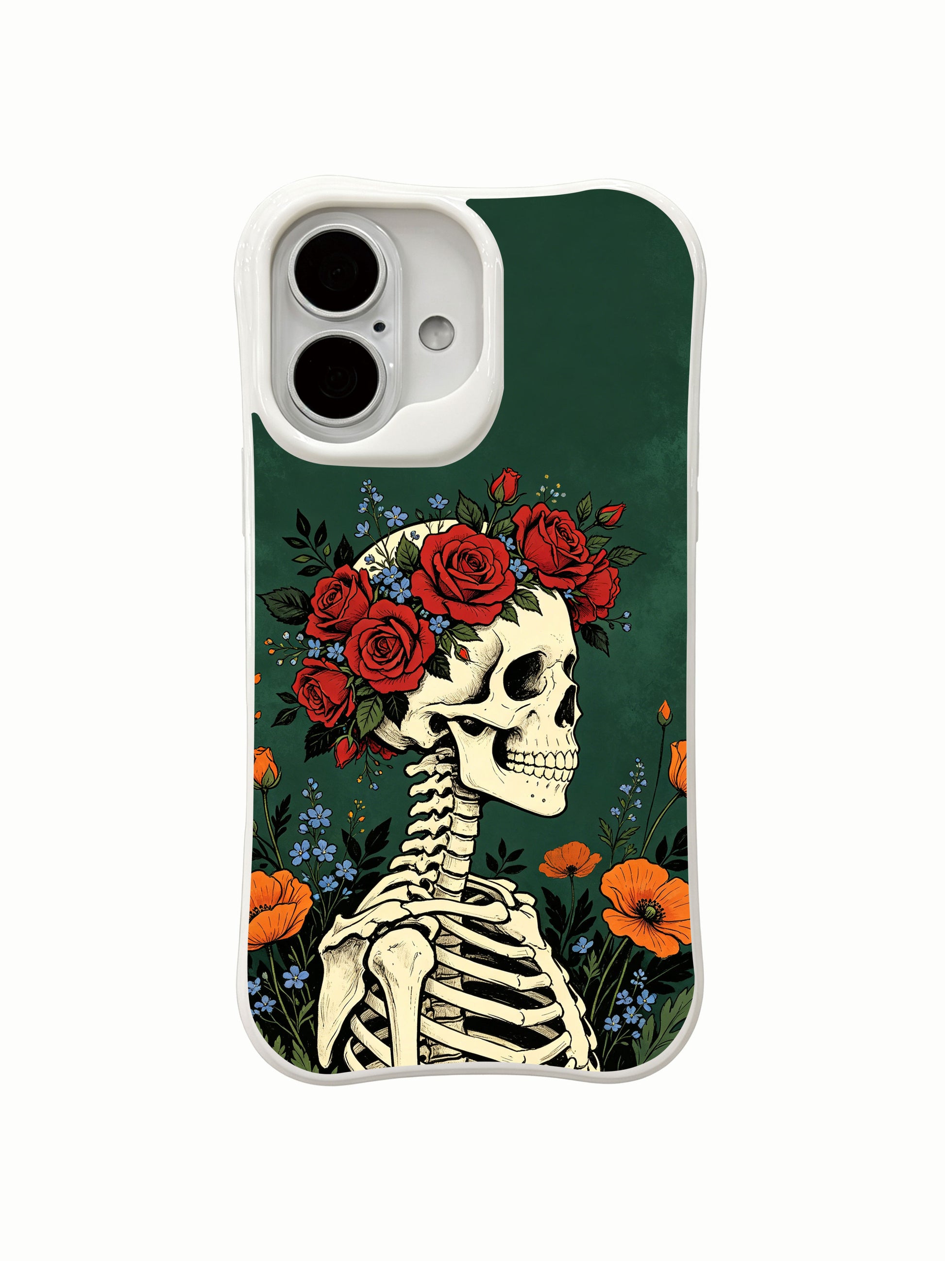 PhoneCasing full wrap edge-to-edge Deep Forest Crown skeleton iPhone 16 Case, 360° all-over multi-color woodland crown flower artwork, precise port cutouts, snug custom fit for iPhone 16 without loose gaps