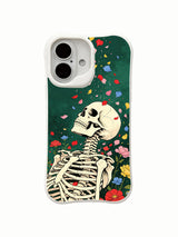 PhoneCasing full wrap edge-to-edge Green Curtain skeleton iPhone 16 Case, 360° all-over falling multicolor petal & wild flower goth artwork, precise port cutouts, snug custom fit for iPhone 16 without loose gaps
