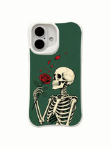 PhoneCasing full wrap edge-to-edge Emerald Rose Letter skeleton iPhone 16 Case, 360° all-over single red rose & falling petal goth artwork, precise port cutouts, snug custom fit for iPhone 16 without loose gaps