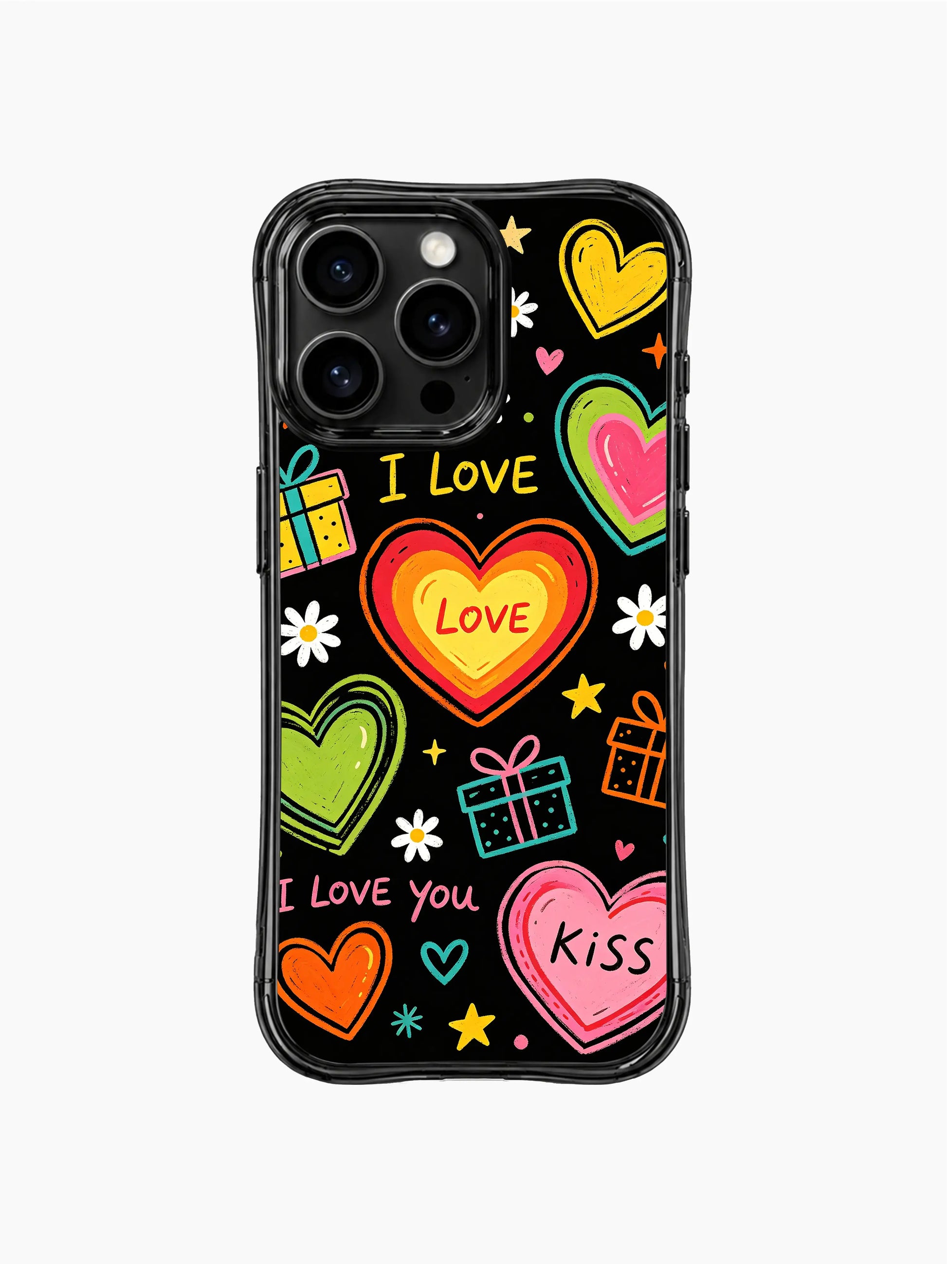 PhoneCasing iPhone 13 Pro Max full wrap case with all-over Love Letter Doodles hand sketch pattern, long-lasting anti-fade romantic artistic phone casing.