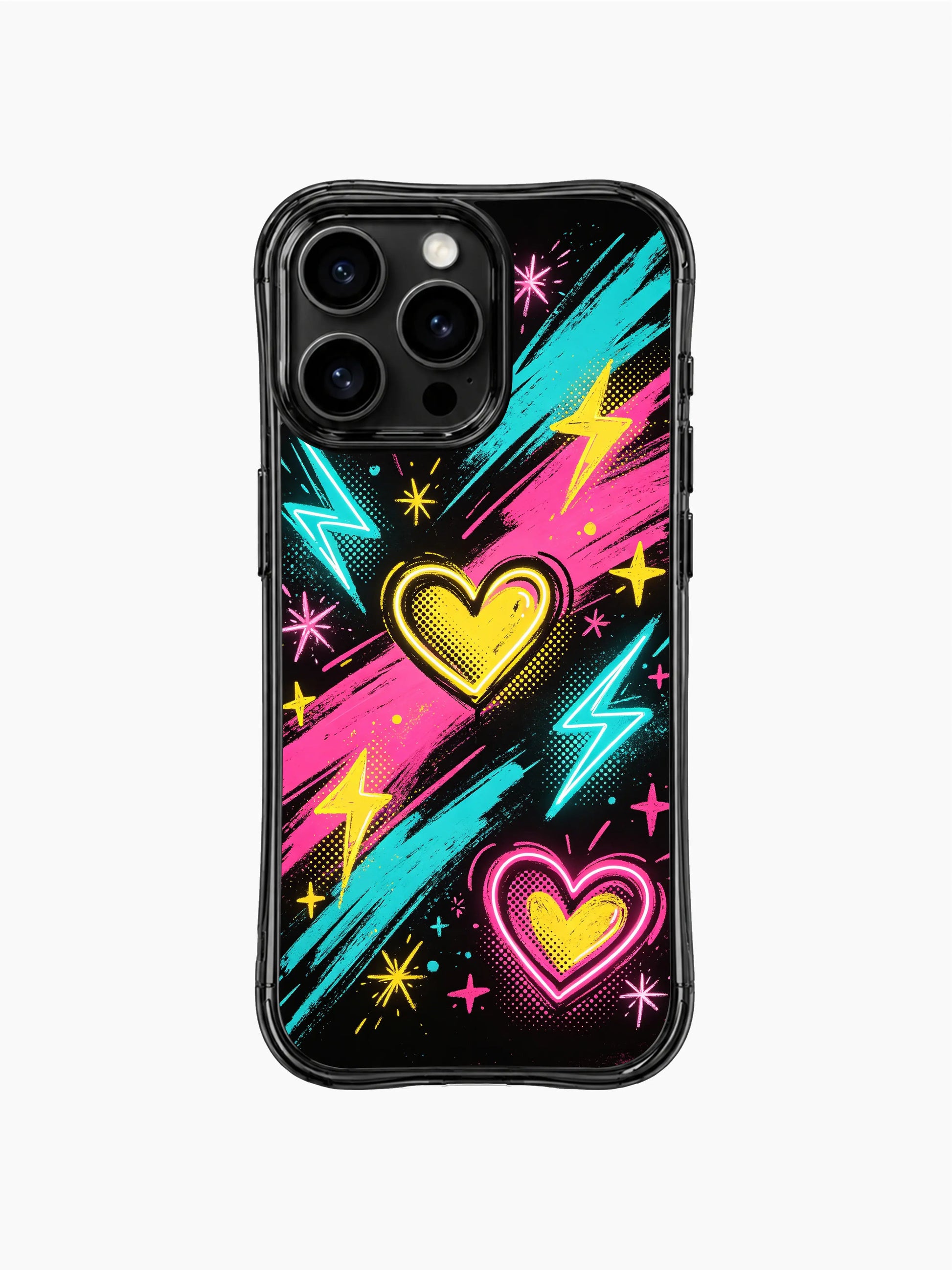 PhoneCasing iPhone 13 Pro Max full wrap case with complete Love Sparks neon heart, lightning bolt and star spark retro pop pattern, fade-proof long-lasting artistic phone casing.