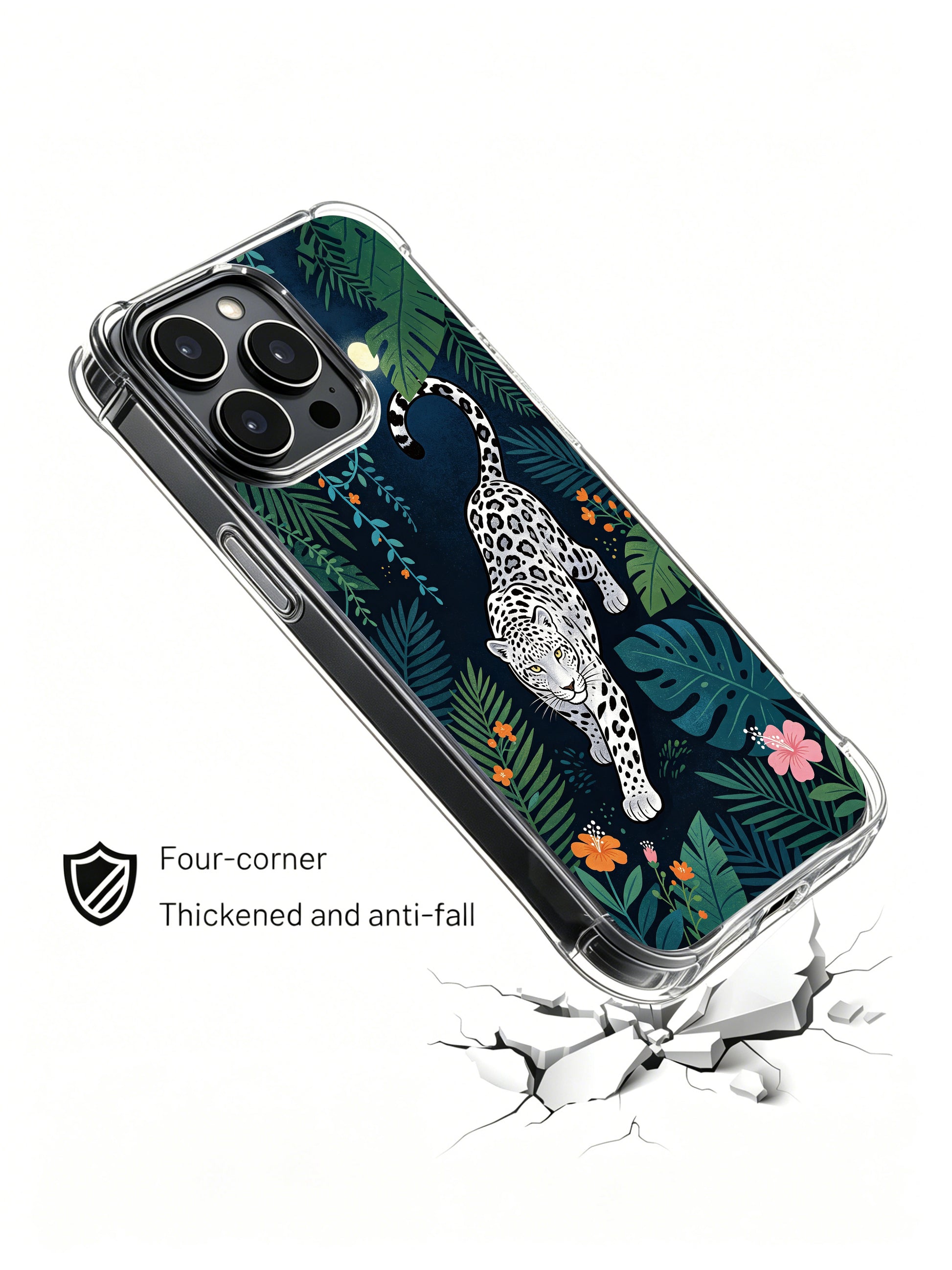 All-over full wrap midnight jungle silver leopard design iPhone 13 pro Case from PhoneCasing, flexible slim-fit iPhone 13 pro casing with layered tropical foliage layout, exclusive artist printed phone cover.