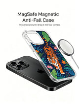All-over full wrap dark navy starry jungle tiger print iPhone 13 pro Case from PhoneCasing, flexible anti-drop transparent iPhone 13 pro casing packed with layered tropical greenery, exclusive Noah Wildfern artist phone cover.