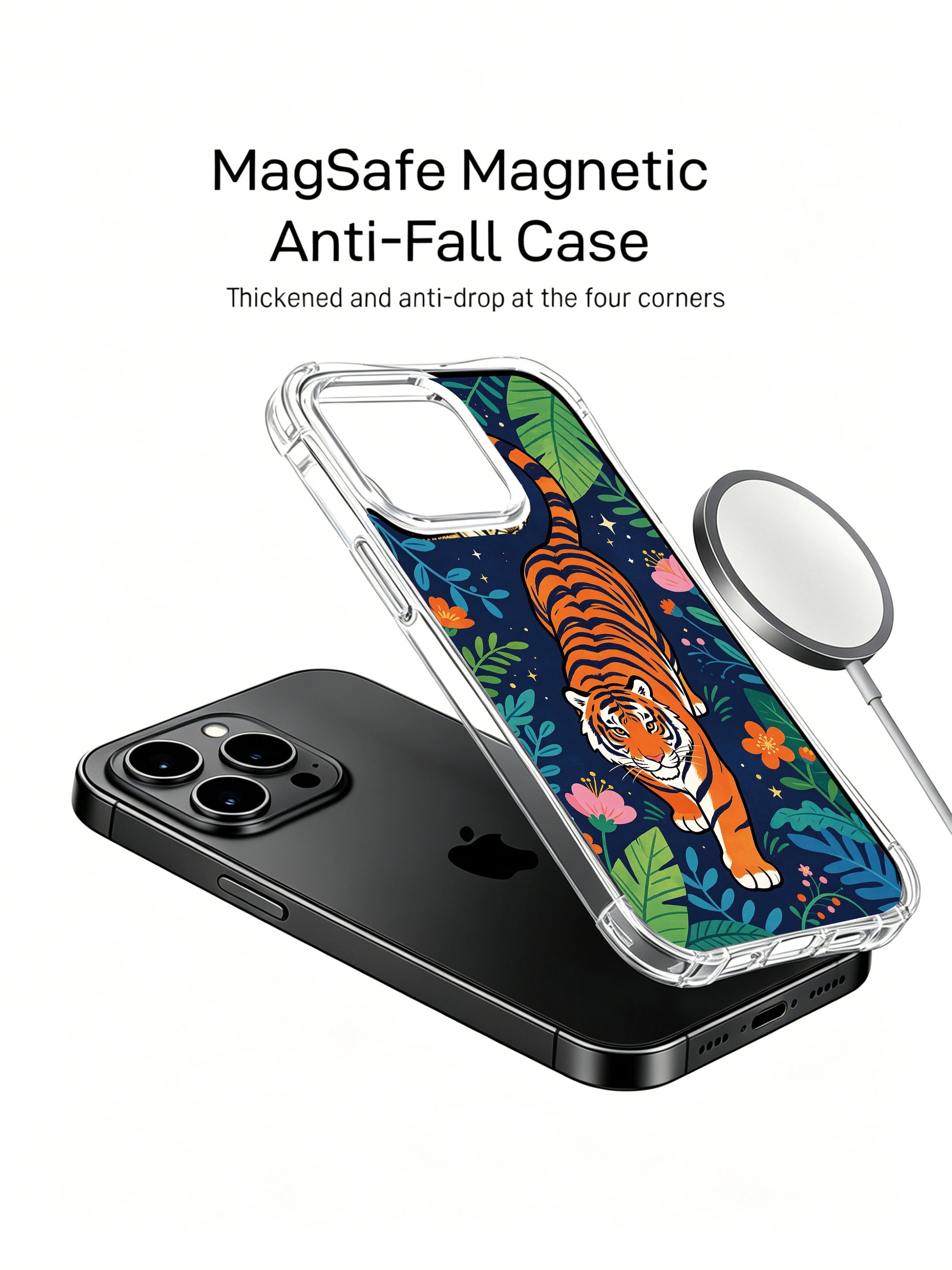 All-over full wrap dark navy starry jungle tiger print iPhone 13 pro Case from PhoneCasing, flexible anti-drop transparent iPhone 13 pro casing packed with layered tropical greenery, exclusive Noah Wildfern artist phone cover.