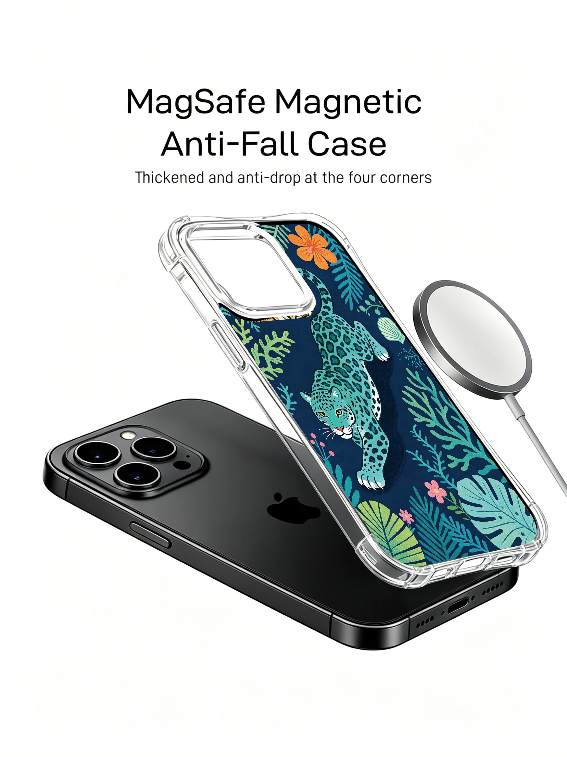 All-over full wrap midnight navy ocean background tropical seaweed foliage surrounding free-spirited blue jaguar iPhone 13 pro Case from PhoneCasing, flexible shockproof transparent iPhone 13 pro casing dotted with warm coral orange garden blossoms, exclusive Noah Wildfern artist phone cover.

