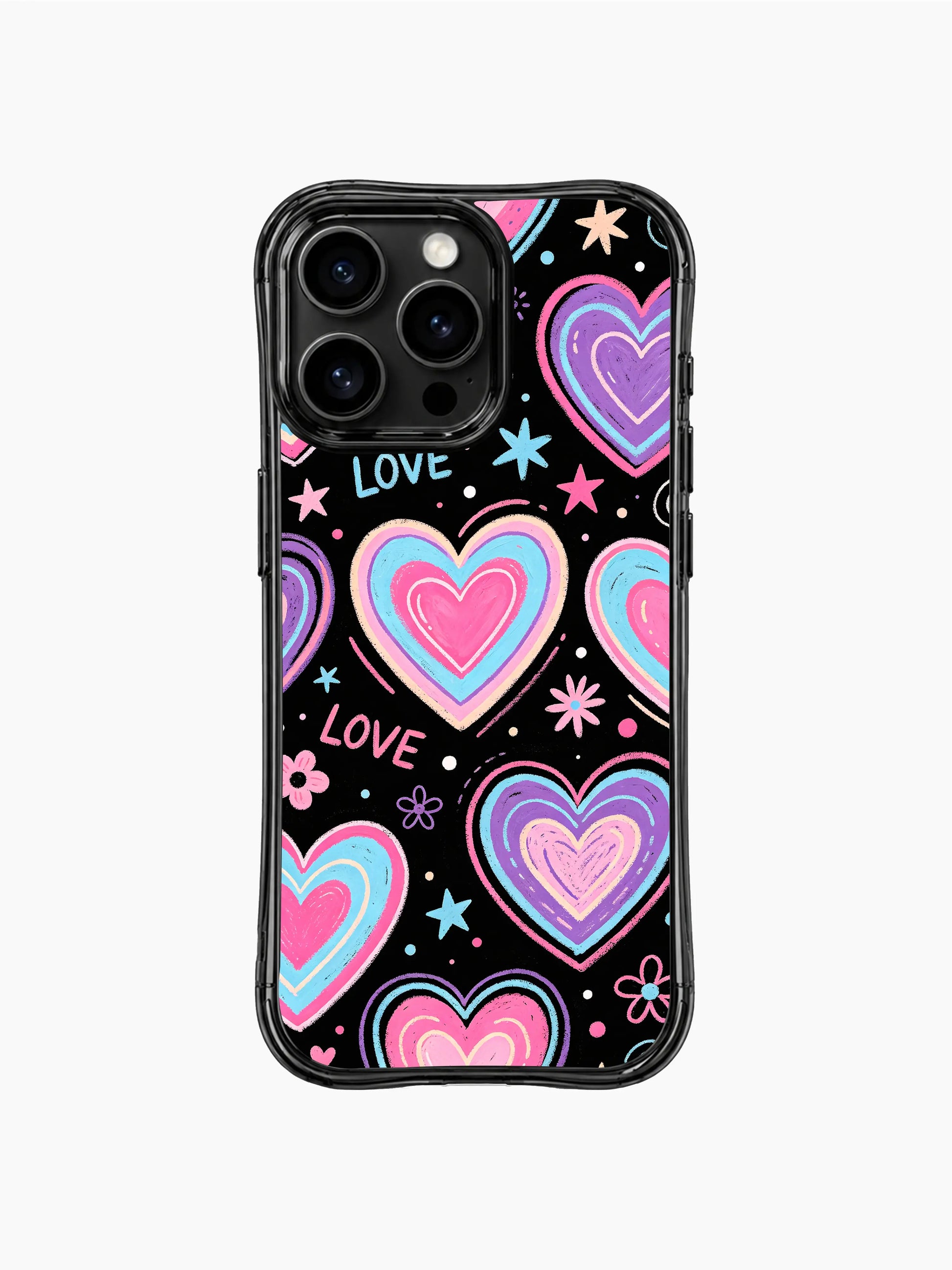 PhoneCasing iPhone 13 Pro Max full wrap case with all-over bubblegum pastel heart doodles, scratch fade resistant artistic phone casing.