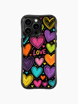 PhoneCasing iPhone 13 Pro Max full wrap case with complete Sweet Chaos Hearts asymmetrical doodle pattern, UV-printed long-lasting artistic phone casing.