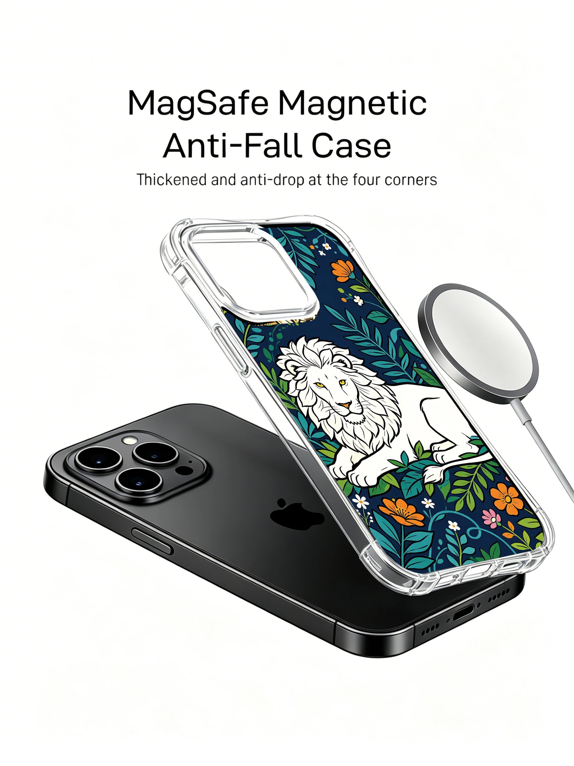 All-over full wrap dark navy base tropical garden surrounding calm white guardian lion iPhone 13 pro Case from PhoneCasing, flexible anti-drop transparent iPhone 13 pro casing filled with assorted tropical greenery, exclusive Noah Wildfern artist phone cover.