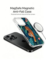 All-over full wrap dark navy backdrop tropical foliage forming natural palace surrounding stalking wild tiger iPhone 13 pro Case from PhoneCasing, flexible shockproof transparent iPhone 13 pro casing dotted with warm orange garden blossoms, exclusive Noah Wildfern artist phone cover.