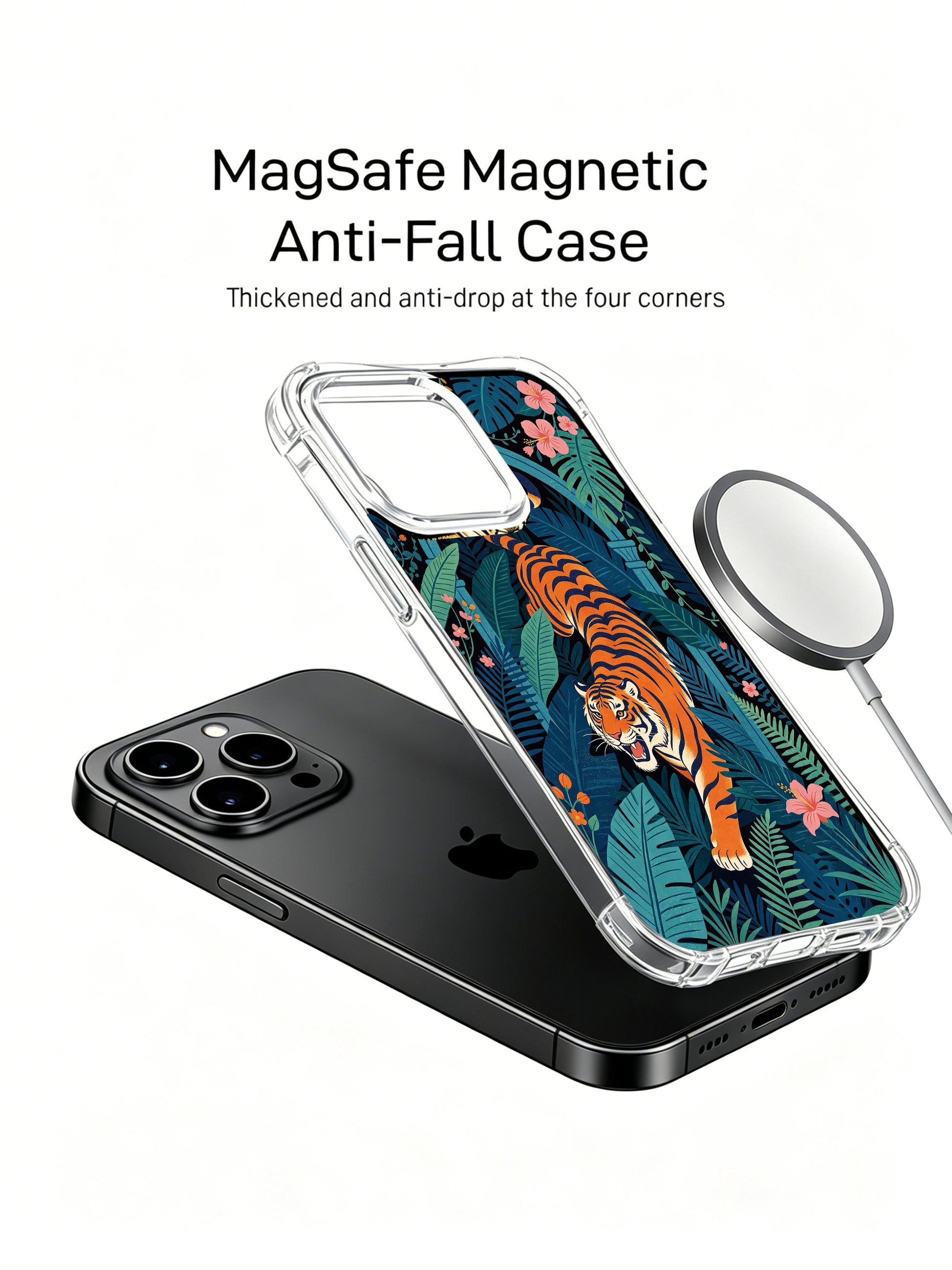 All-over full wrap dark navy backdrop tropical foliage forming natural palace surrounding stalking wild tiger iPhone 13 pro Case from PhoneCasing, flexible shockproof transparent iPhone 13 pro casing dotted with warm orange garden blossoms, exclusive Noah Wildfern artist phone cover.