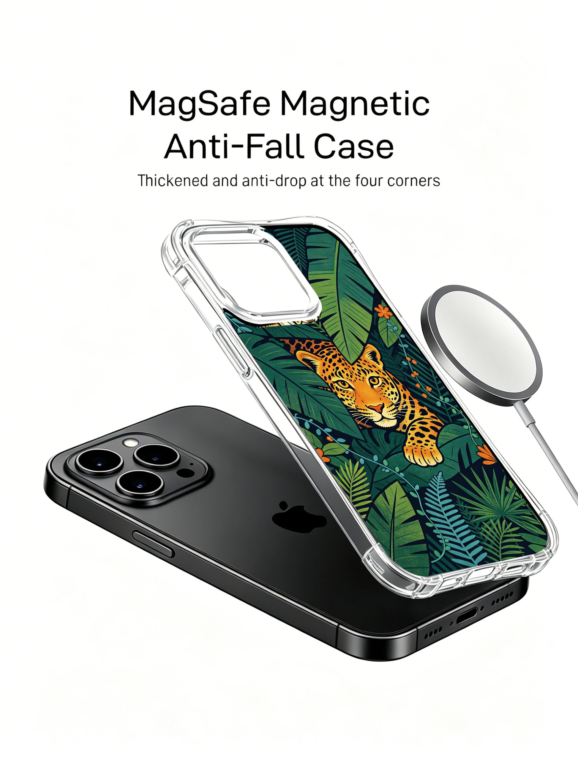 All-over full wrap dense dark green rainforest hidden jaguar portrait print iPhone 13 pro Case from PhoneCasing, flexible anti-drop transparent iPhone 13 pro casing, exclusive Noah Wildfern illustrated artist phone cover.