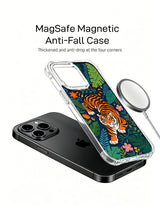 All-over full wrap midnight dark jungle background dense vine foliage surrounding symbolic wild guardian tiger iPhone 13 pro Case from PhoneCasing, flexible shockproof transparent iPhone 13 pro casing dotted with multi-tone garden blossoms, exclusive Noah Wildfern artist phone cover.
